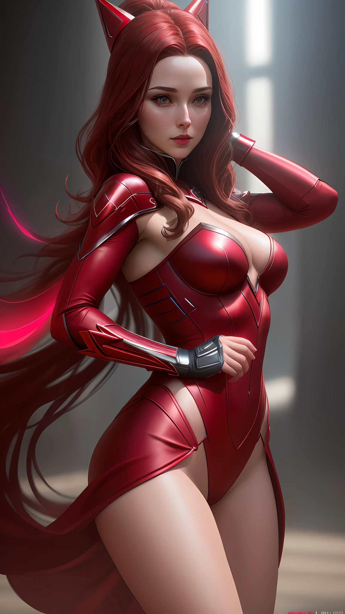 Wanda the scarlet witch, limping sexy red magic, perfect body, fitnes model, side position, photography, diffuse side lighting, soft details, octane, artstation trend, ultra high detail, ultra realistic, cinematic, unreal engine, 16k