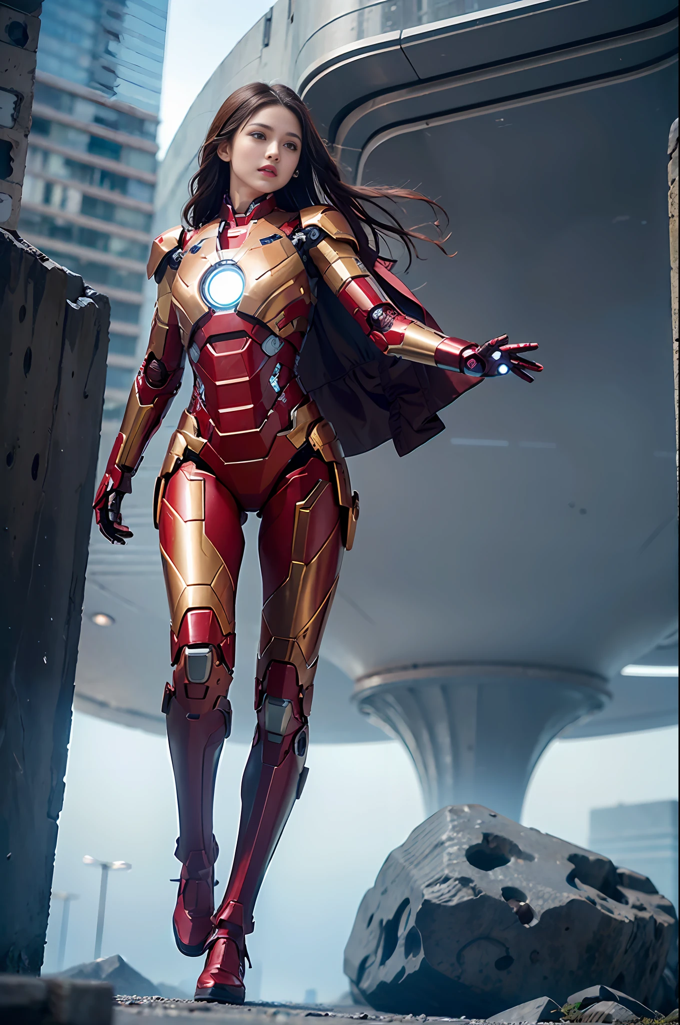 RAW, Masterpiece, Ultra Fine Photo,, Best Quality, Ultra High Resolution, Photorealistic, Sunlight, Full Body Portrait, Stunningly Beautiful,, Dynamic Poses, Delicate Face, Vibrant Eyes, (Side View) , she is wearing a futuristic Iron Man mech, very detailed background, detailed face, detailed busy background, messy, gorgeous, milky, high detailed skin, realistic skin details, visible pores, sharp focus, volume Fog, 8k uhd, dslr, high quality, film grain, fair skin, photorealism, lomography, sprawling metropolis in a futuristic dystopia, view from below, translucent