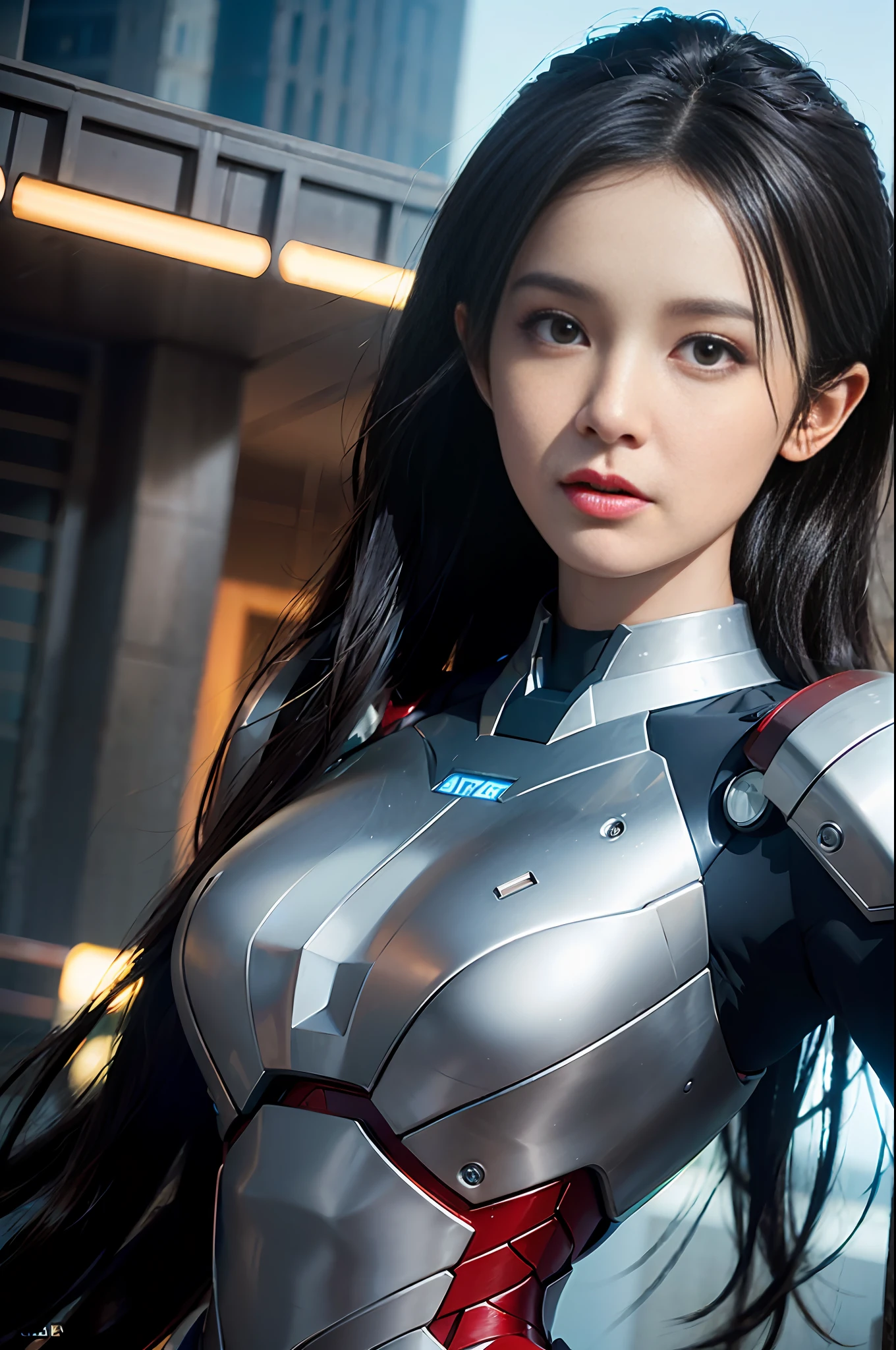 RAW, Masterpiece, Ultra Fine Photo,, Best Quality, Ultra High Resolution, Photorealistic, Sunlight, Full Body Portrait, Stunningly Beautiful,, Dynamic Poses, Delicate Face, Vibrant Eyes, (Side View) , she is wearing a futuristic Iron Man mech, very detailed background, detailed face, detailed busy background, messy, gorgeous, milky, high detailed skin, realistic skin details, visible pores, sharp focus, volume Fog, 8k uhd, dslr, high quality, film grain, fair skin, photorealism, lomography, sprawling metropolis in a futuristic dystopia, view from below, translucent