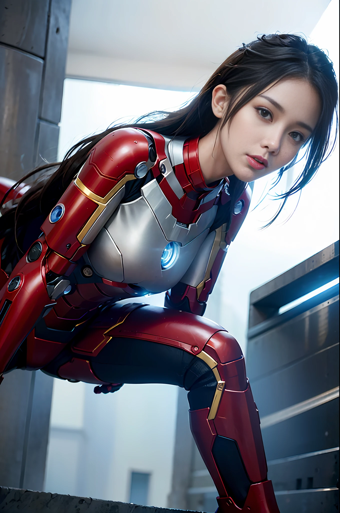 RAW, Masterpiece, Ultra Fine Photo,, Best Quality, Ultra High Resolution, Photorealistic, Sunlight, Full Body Portrait, Stunningly Beautiful,, Dynamic Poses, Delicate Face, Vibrant Eyes, (Side View) , she is wearing a futuristic Iron Man mech, very detailed background, detailed face, detailed busy background, messy, gorgeous, milky, high detailed skin, realistic skin details, visible pores, sharp focus, volume Fog, 8k uhd, dslr, high quality, film grain, fair skin, photorealism, lomography, sprawling metropolis in a futuristic dystopia, view from below, translucent