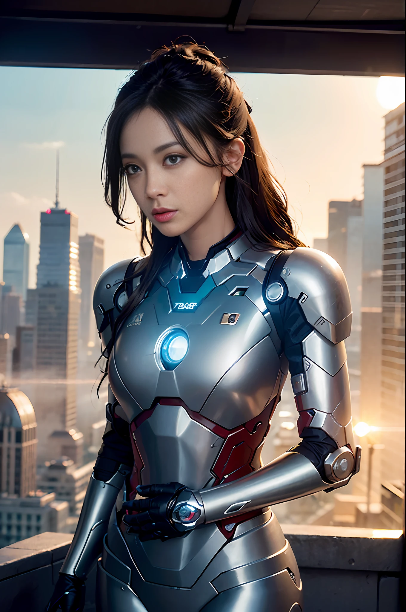 RAW, Masterpiece, Ultra Fine Photo,, Best Quality, Ultra High Resolution, Photorealistic, Sunlight, Full Body Portrait, Stunningly Beautiful,, Dynamic Poses, Delicate Face, Vibrant Eyes, (Side View) , she is wearing a futuristic Iron Man mech, very detailed background, detailed face, detailed busy background, messy, gorgeous, milky, high detailed skin, realistic skin details, visible pores, sharp focus, volume Fog, 8k uhd, dslr, high quality, film grain, fair skin, photorealism, lomography, sprawling metropolis in a futuristic dystopia, view from below, translucent