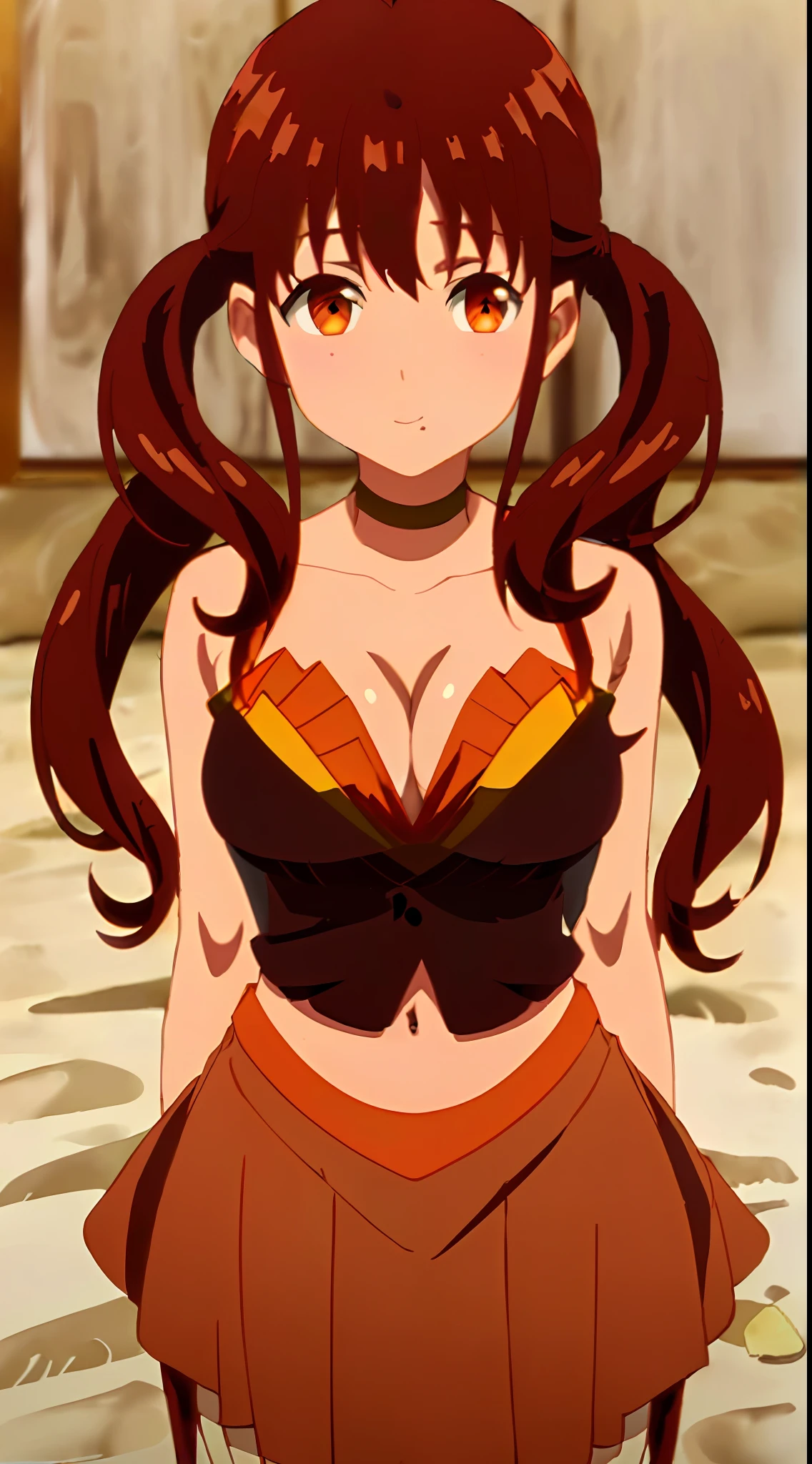 masterpiece, (((best quality))), anime art style, 2 girls, ((taeko:shoulder-length reddish-brown hair, twin pigtails, orange eyes)), ((NANA:light brown hair, a short side ponytail, blue eyes, (((big breasts))), playing on the beach, navel uncovered, chest in sight, legs in the sand, (((full body sensual))), sensual body curves