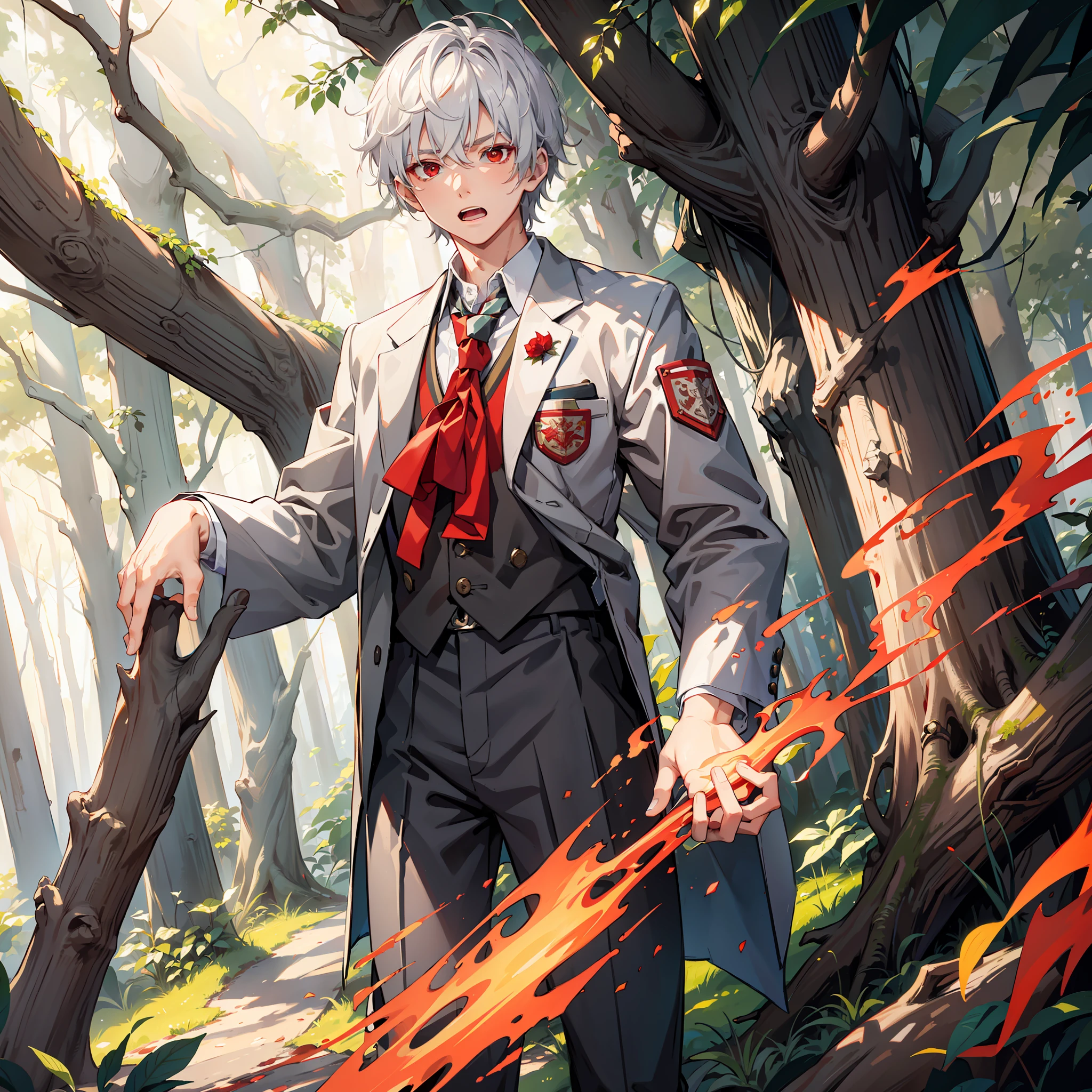 (Masterpiece:1.2, Best Quality), (Soft Light), Forest, Solo, A Boy, Boy, White Hair, School Uniform, Red Eyes, Open Mouth, Anger, Surround Red Mist