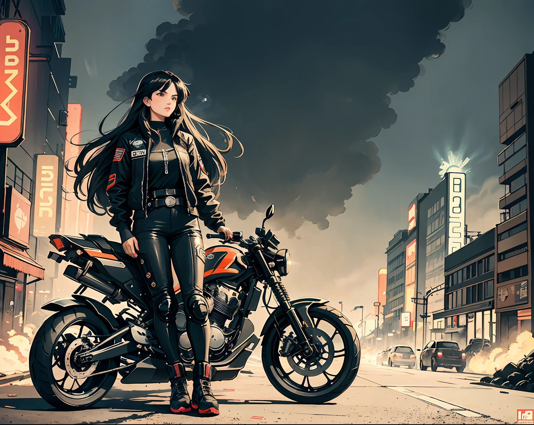 "Poster of long-haired woman on a motorcycle, retrofuturistic style, neon lights, dystopian atmosphere, dynamic framing, ultra-detailed details of the motorcycle and clothing, smoke, high quality."