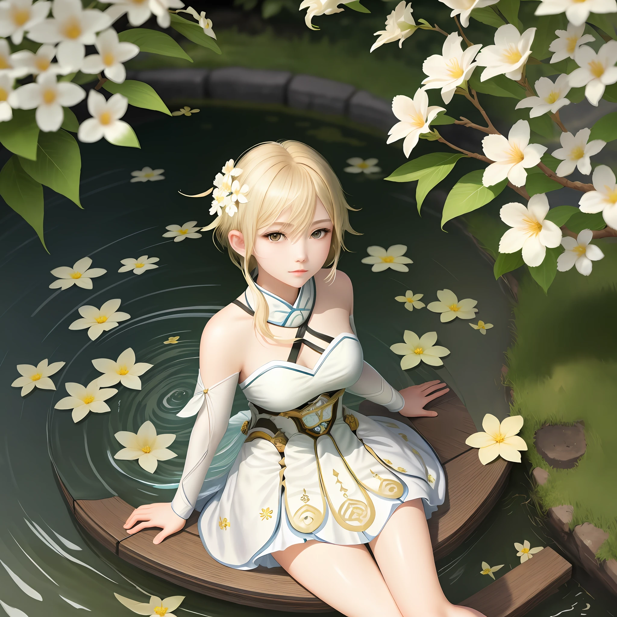 Masterpiece, Best quality, beautiful young 1 girl, full-length, Lumine (Genshin Impact), short blonde hair, gentle look, looks at the viewer, background water and flowers