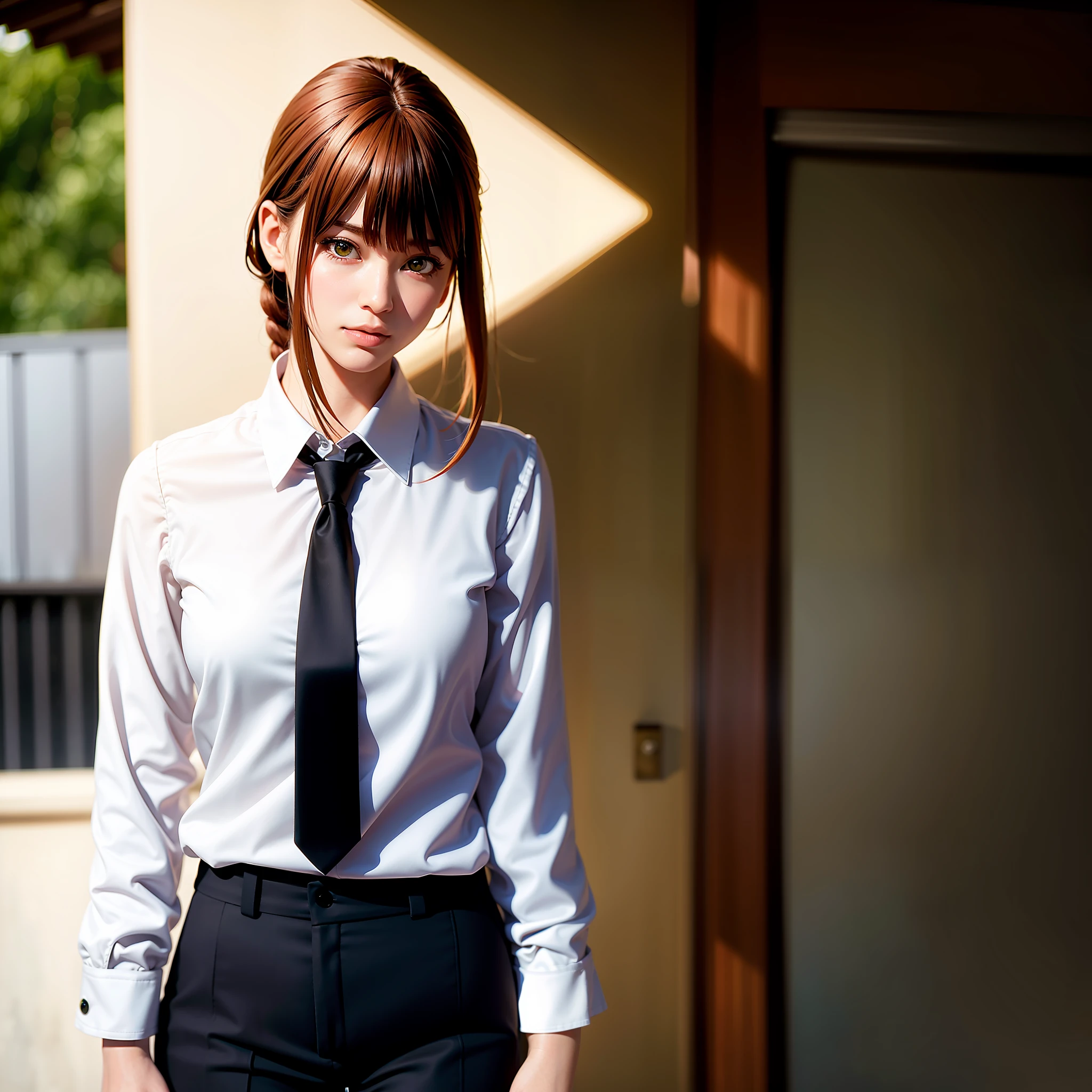 Top quality, ultra high resolution, detailed shiny skin, (photorealistic: 1.4), 1girl, standing, complex background, looking at camera, white shirt, collared shirt, black tie, black pants, long sleeves, slight smile, (blush of nose), yellow eyes + ringed eyes, short hair + red hair + long braided hair, makima \ (chainsaw man \), makima alone