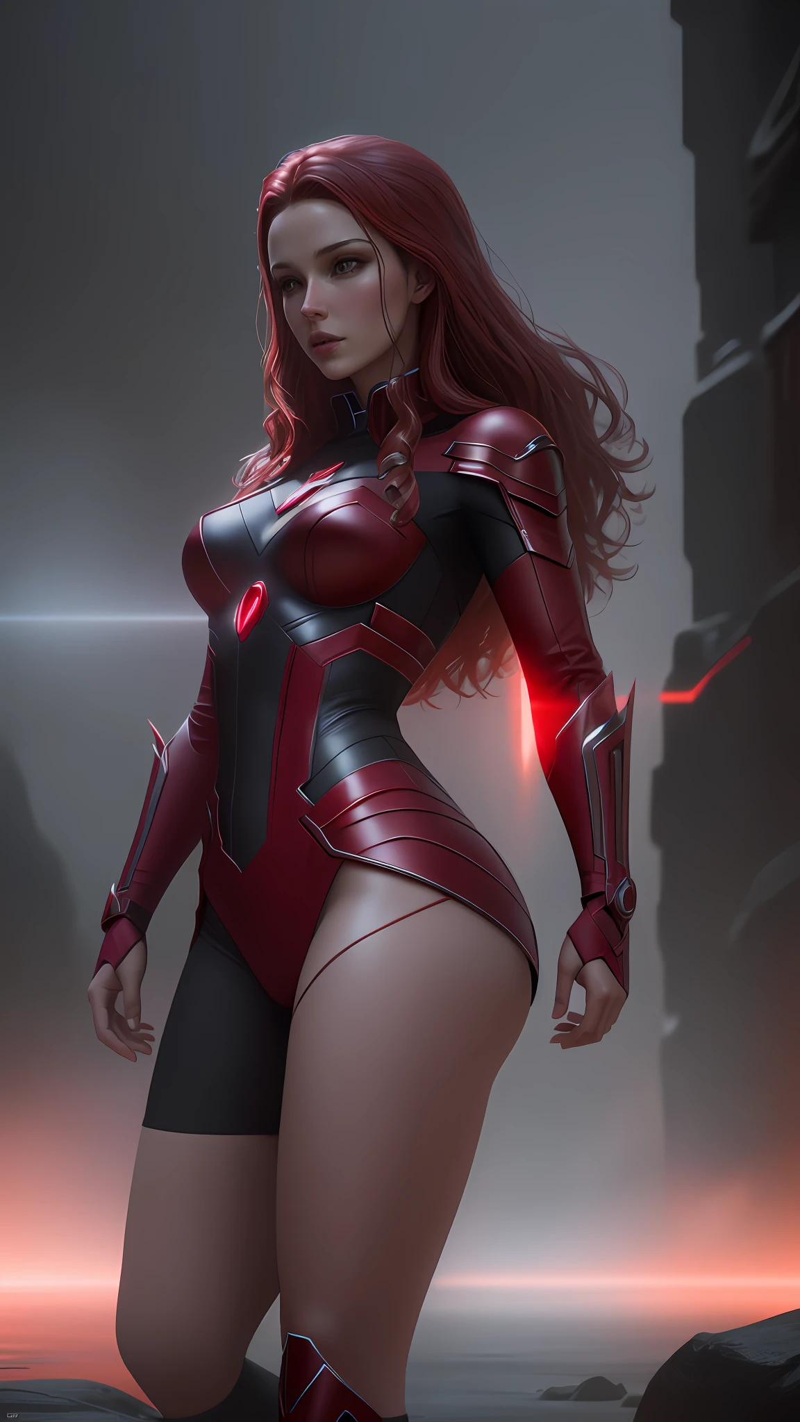 Wanda the scarlet witch, limping sexy red magic, perfect body, fitnes model, thin, side position, photography, diffuse side lighting, soft details, octane, artstation trend, ultra high detail, ultra realistic, cinematic, dark scenery, fog at night, unreal engine engine, 16k
