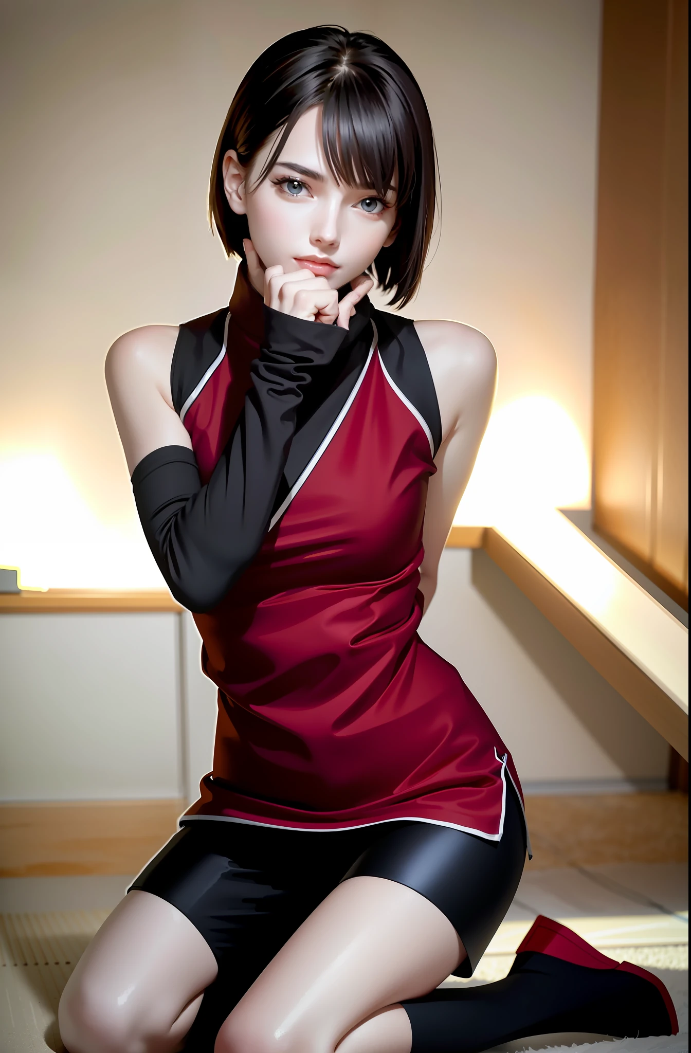 (Black spandex shorts, red ninja uniform, ninja,) ((Glossy plain and slightly longer black spandex shorts: 1.2)), simple outfits, (8k, RAW photo, highest quality, masterpiece: 1.2), (realistic, photorealistic: 1.37), one girl, cute, professional lighting, physically based rendering, handsome, masterpiece, highest quality, high resolution, kneeling position, top quality photo, high resolution, 1080p, ( Clear Face), (Detailed Face Description), (Detailed Hand Description), (Masterpiece), (Elaborate CG), (Detailed Facial Features), (Top Quality Photos), (Masterpiece), (Detailed Eyes)