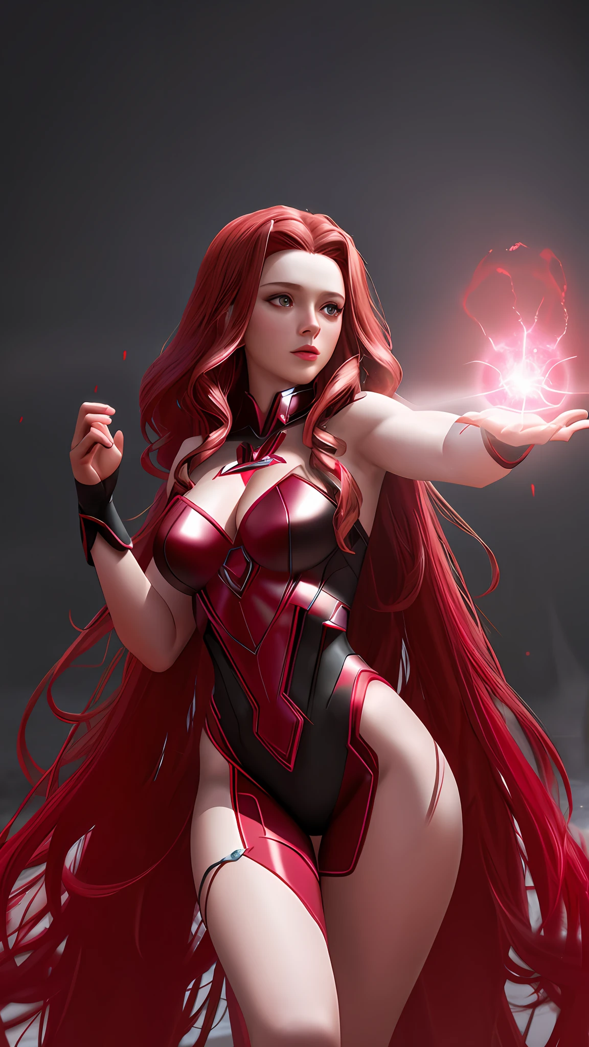 Wanda the scarlet witch, releasing from her hands magic red, sexy, perfect body, fitnes model, thin, side position, photography, diffuse side lighting, soft details, octane, artstation trend, ultra high detail, ultra realistic, cinematic, dark scenery, fog at night, unreal engine, 16k