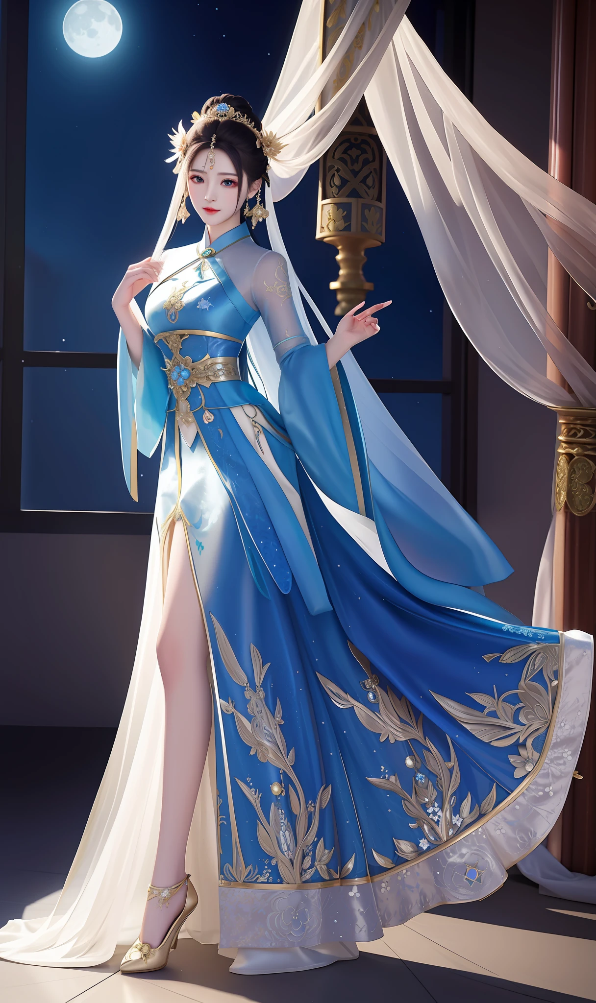 There is an elegant woman, wearing a dress with a necklace, a complex fantasy dress, a very detailed and rich costume, a royal elegant costume, a moon-themed costume, a detailed dress, a complex costume, a delicate dress, a cheongsam, a formal dress wearing fantasy, a gorgeous costume, a moth-style dress, a complex and elegant fantasy style costume, a complex dress, a hanfu, a realistic costume