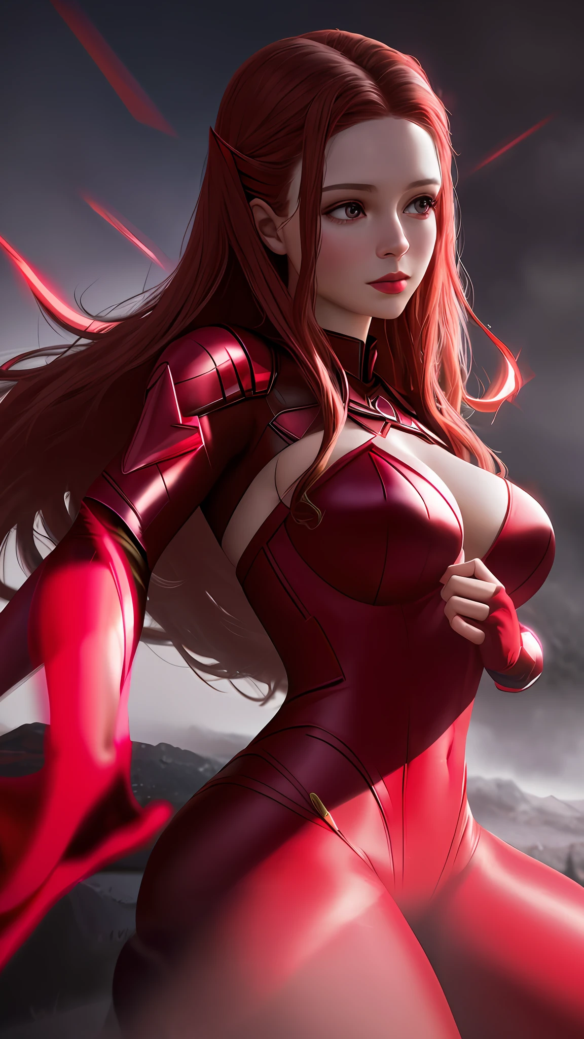 Wanda the scarlet witch, releasing from her hands magic red, sexy, perfect body, fitnes model, thin, side position, photography, diffuse side lighting, soft details, octane, artstation trend, ultra high detail, ultra realistic, cinematic, dark scenery, fog at night, unreal engine, 16k