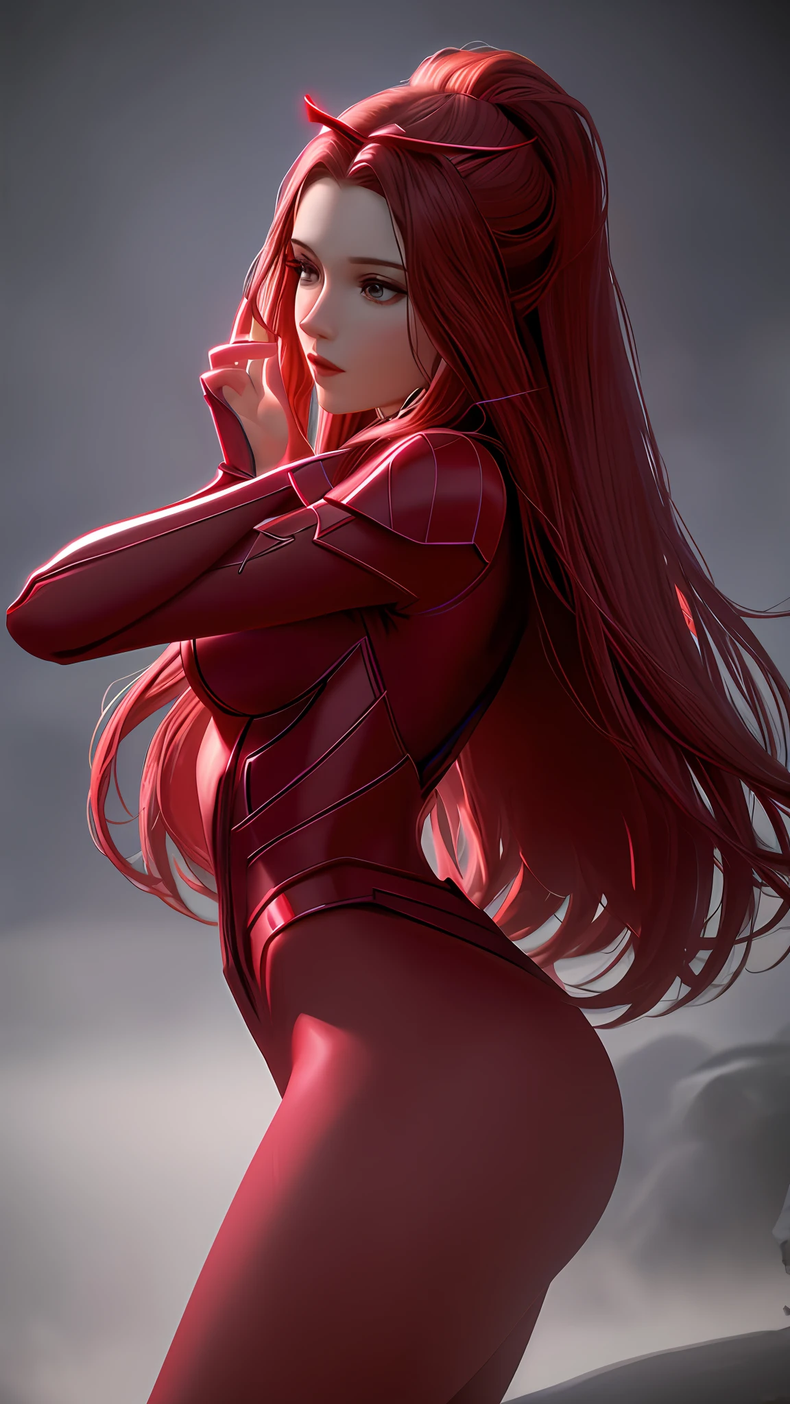 Wanda the scarlet witch, releasing from her hands magic red, sexy, perfect body, fitnes model, thin, side position, photography, diffuse side lighting, soft details, octane, artstation trend, ultra high detail, ultra realistic, cinematic, dark scenery, fog at night, unreal engine, 16k