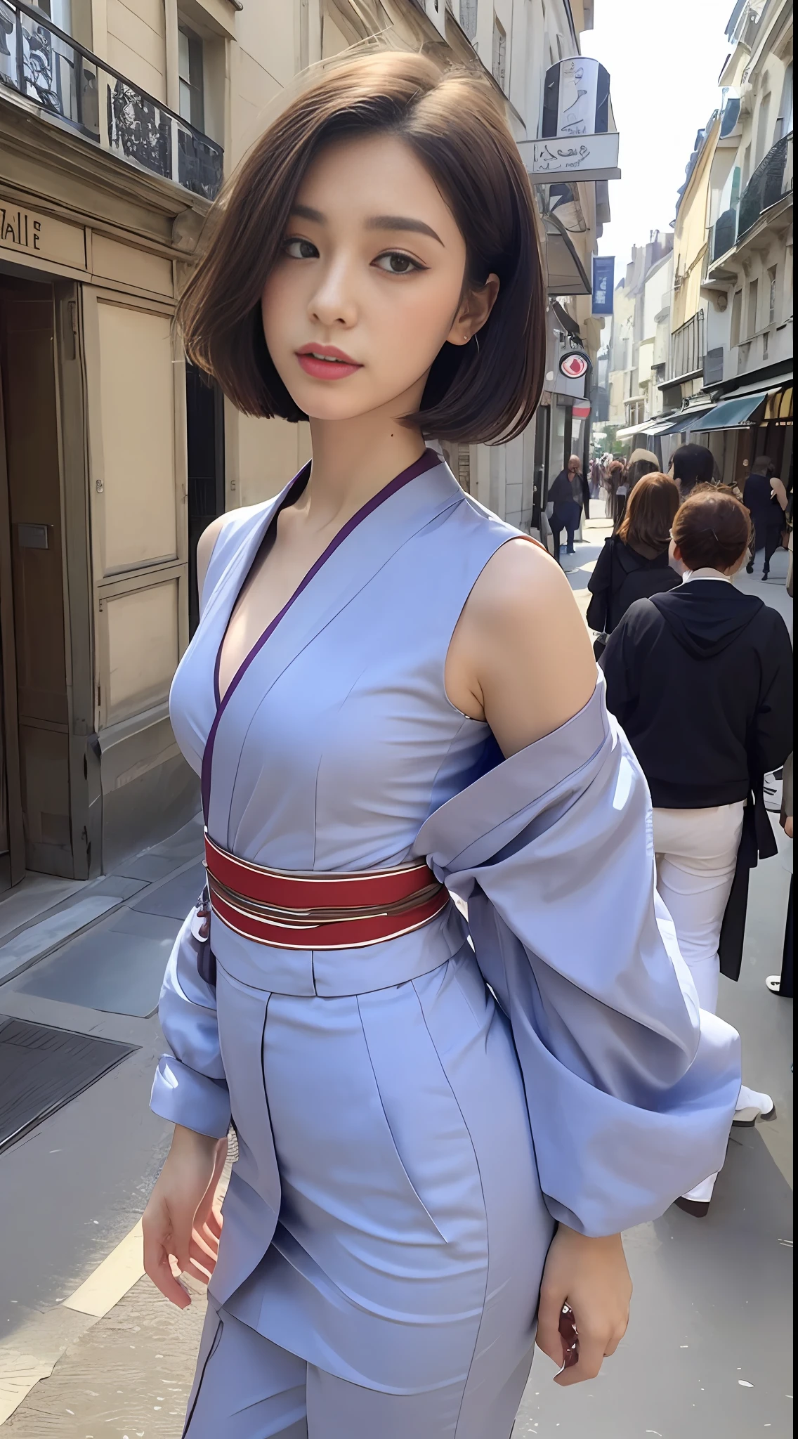(Top Quality, 16k, Masterpiece: 1.3)), 1 Girl, Sharp Focus: 1.2, Beautiful Women with Perfect Figure: 1.4, Slender Abs: 1.2, (((Short Bob Hair)), ((Small: 1.4)), ((Beautiful Face Idol: 1.3)), (Transparent Fabric Kimono 1.5)), Highly Detailed Face and Skin Texture, Detailed Eyes, Double Eyelids, (((Pause)), (Seductive)), Walking, Paris cityscape, low angle, shot from below