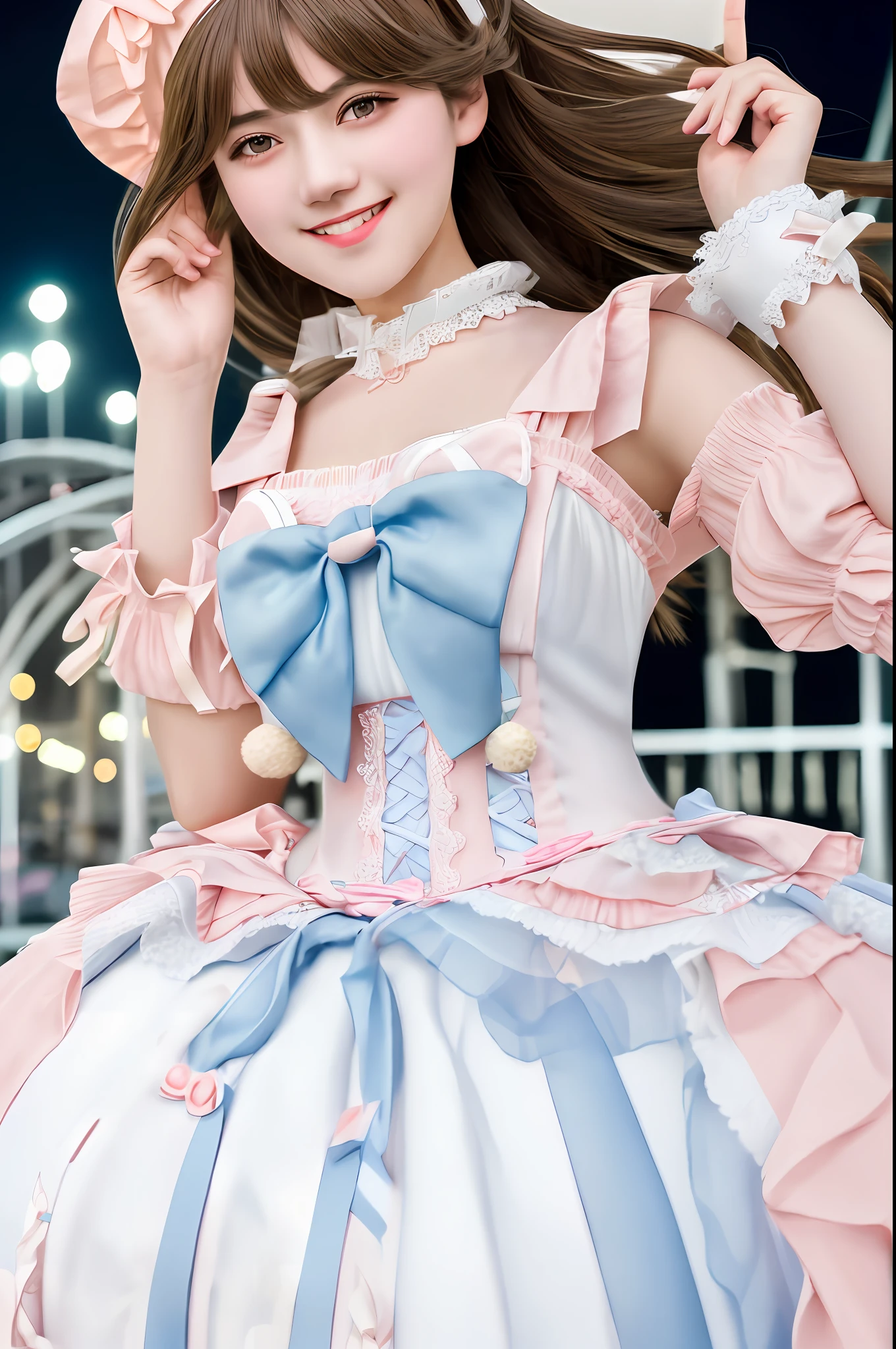1girl, solo,mix4, (realistic:1.1), (photorealistic:1.1), (masterpiece:1.1), (best quality:1.1), ultra detailed, looking at viewer, smile,sweet_lolita,standing , natural lighting, depth of field, (pureerosface_v1:0.8), amusement park in the background,(night),