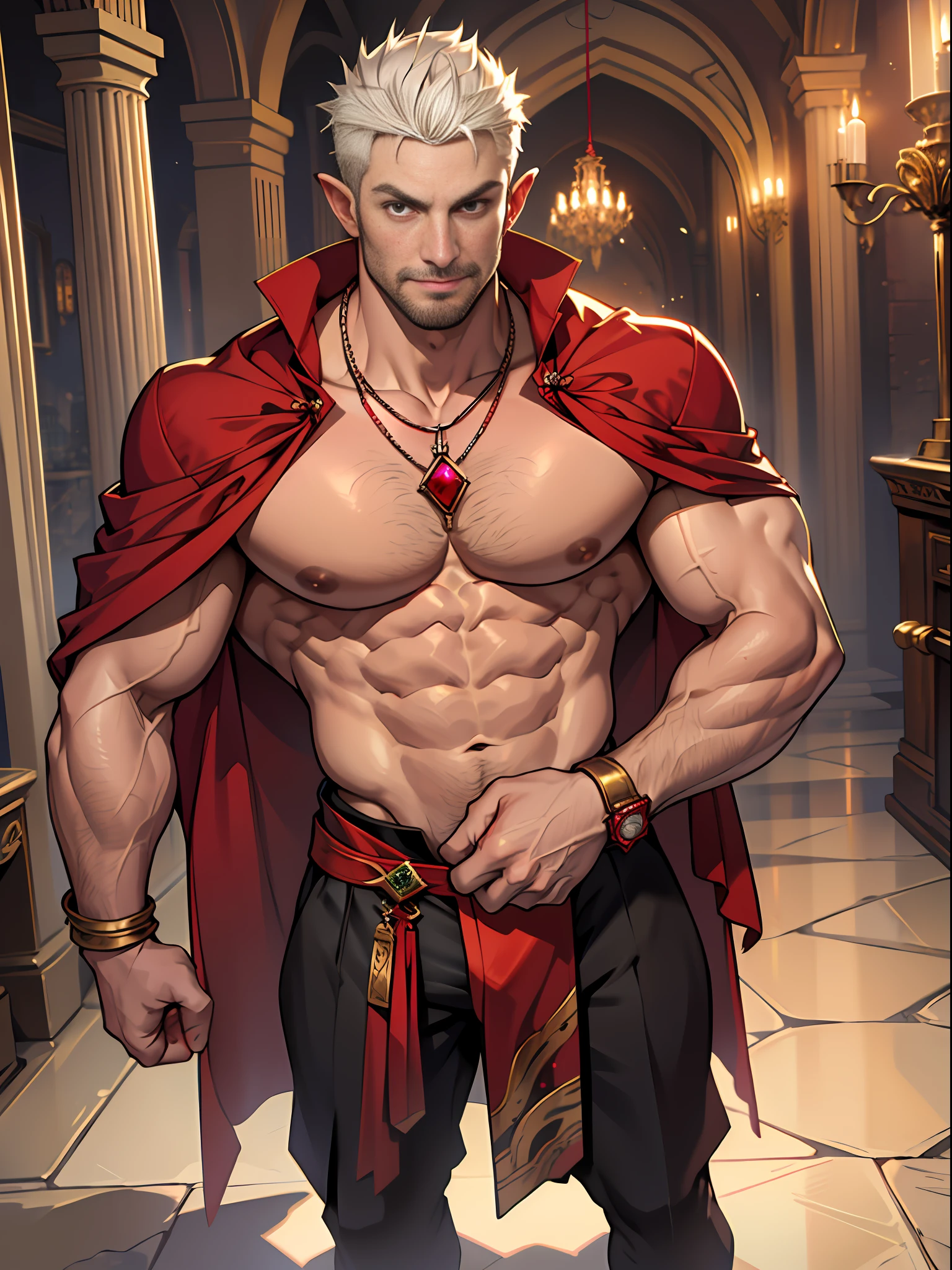 30 years old, big eyes, Chinese male, stubble, short white hair, huge muscles, exaggerated muscles, mature man, muscle swelling, bodybuilding, pectoral muscles, abs, in the castle, nutcracker, wearing medieval gorgeous costumes, vampire, fangs, red cape, wheat-colored skin, 1man, standing, night, pointed ears, red gemstone ring, ruby necklace, ruby bracelet, red eyes