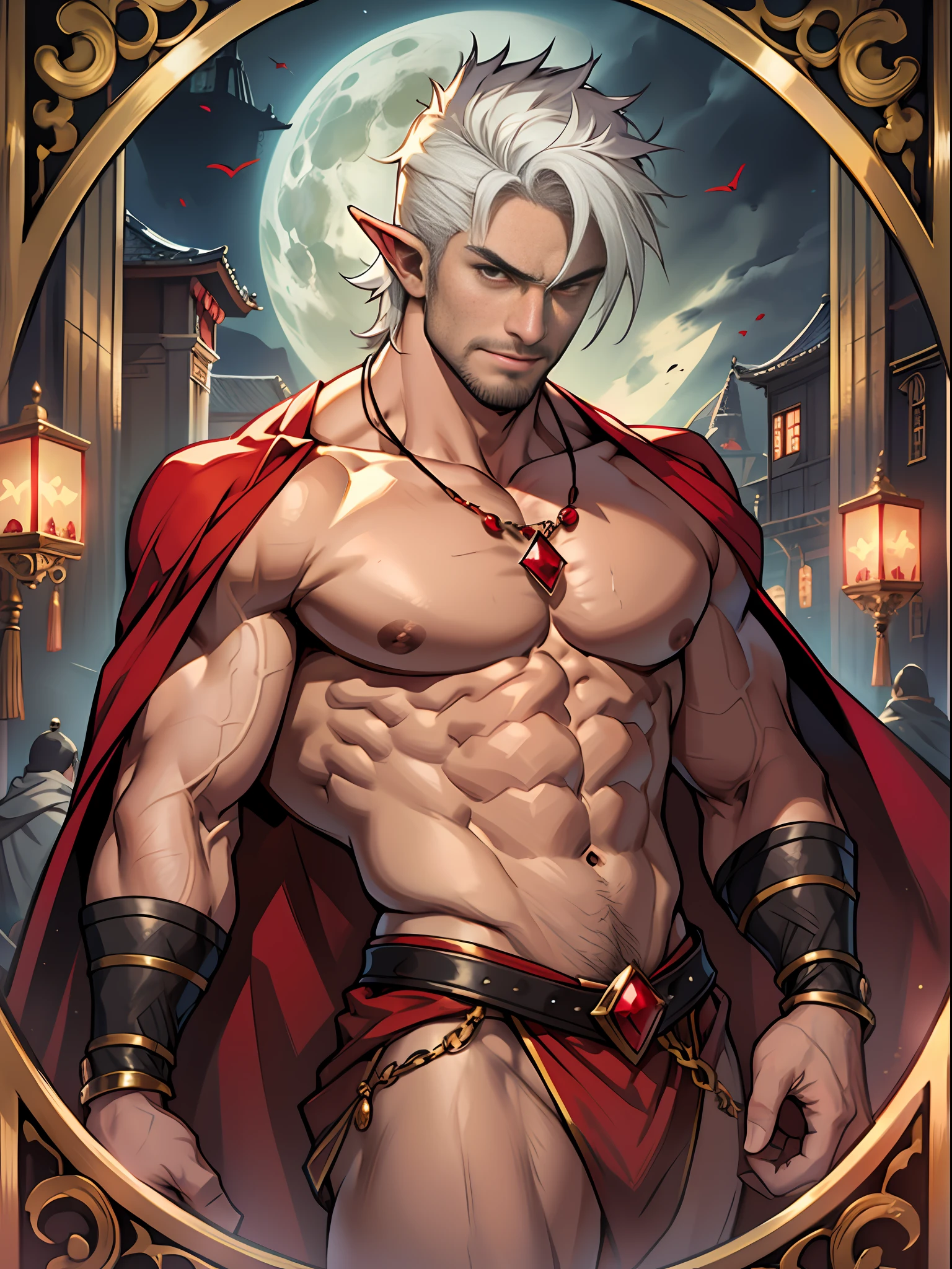 30 years old, big eyes, Chinese male, stubble, short white hair, huge muscles, exaggerated muscles, mature man, muscle swelling, bodybuilding, pectoral muscles, abs, in the castle, nutcracker, wearing medieval gorgeous costumes, vampire, fangs, red cape, wheat-colored skin, 1man, standing, night, pointed ears, red gemstone ring, ruby necklace, ruby bracelet, red eyes