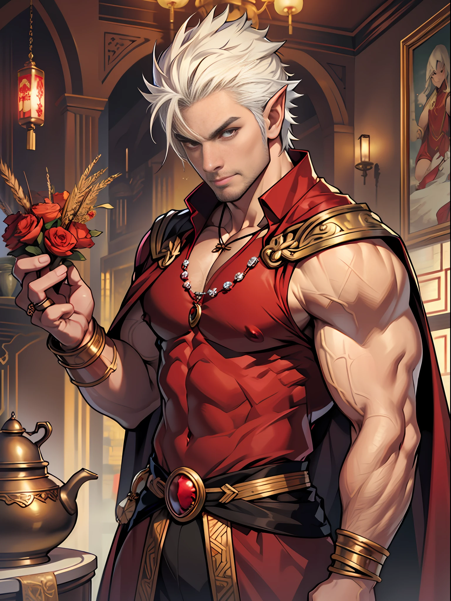 30 years old, big eyes, Chinese male, stubble, short white hair, huge muscles, exaggerated muscles, mature man, muscle swelling, bodybuilding, pectoral muscles, abs, in the castle, nutcracker, wearing medieval gorgeous costumes, vampire, fangs, red cape, wheat-colored skin, 1man, standing, night, pointed ears, red gemstone ring, ruby necklace, ruby bracelet, red eyes