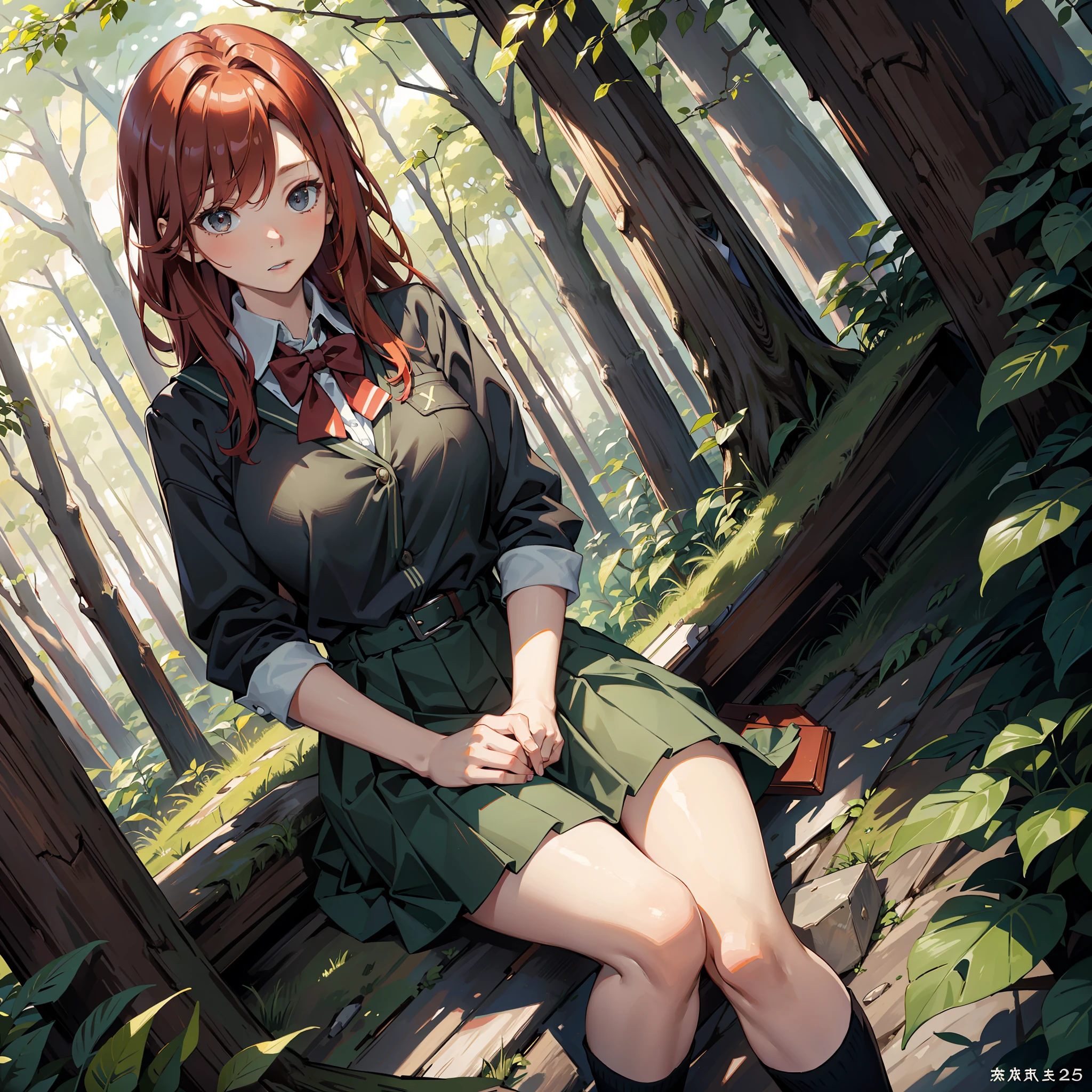 (Masterpiece:1.2, Best Quality), (Soft Light), Forest, A Woman, Solo, Mature, Redhead, School Uniform, Big Breasts, Surprised, Panicked, Sitting on the Ground