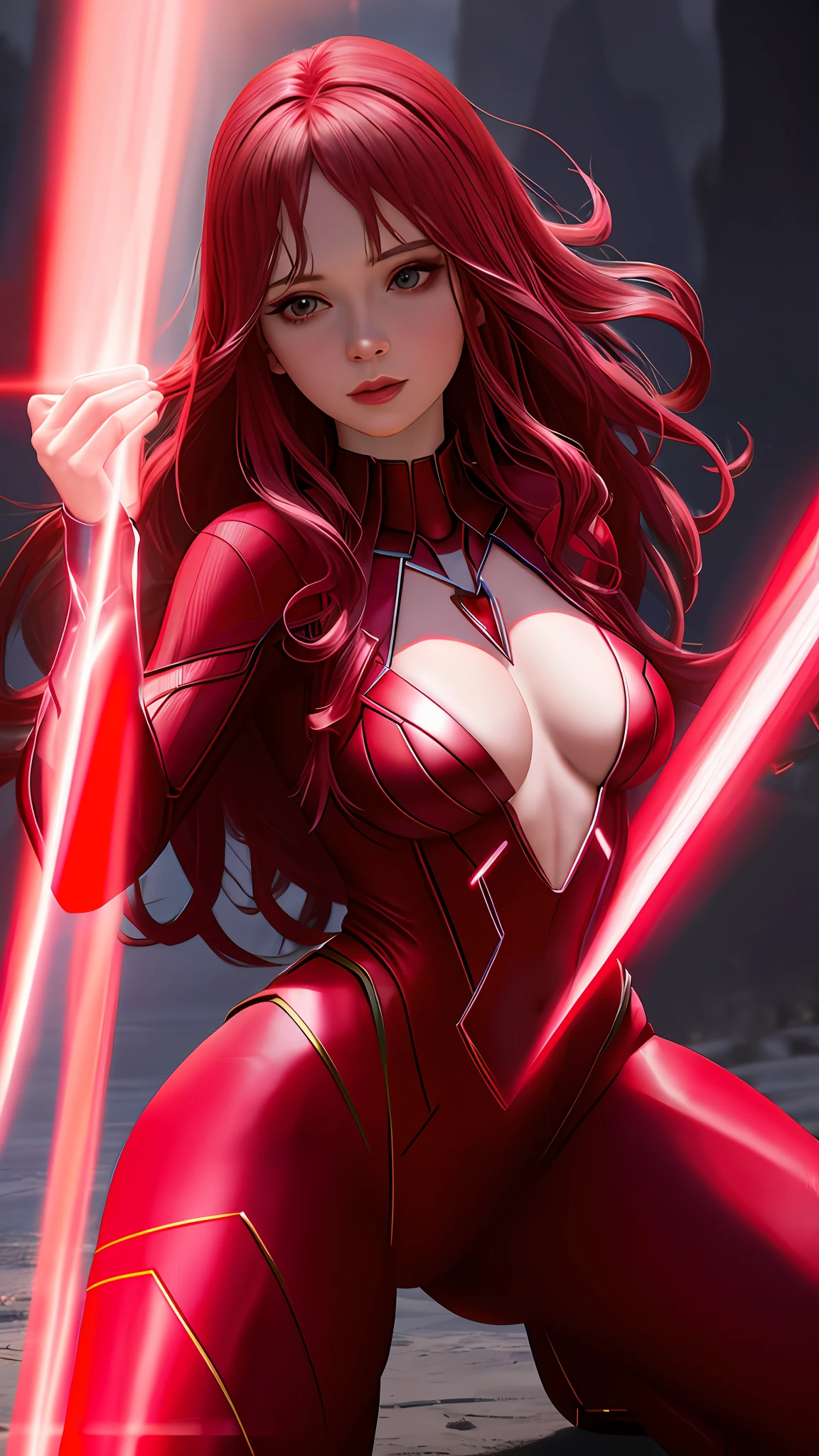 Wanda the scarlet witch, releasing from her hands magic red, sexy, perfect body, fitnes model, thin, side position, photography, diffuse side lighting, soft details, octane, artstation trend, ultra high detail, ultra realistic, cinematic, dark scenery, fog at night, unreal engine, 16k, ((by Marvel))