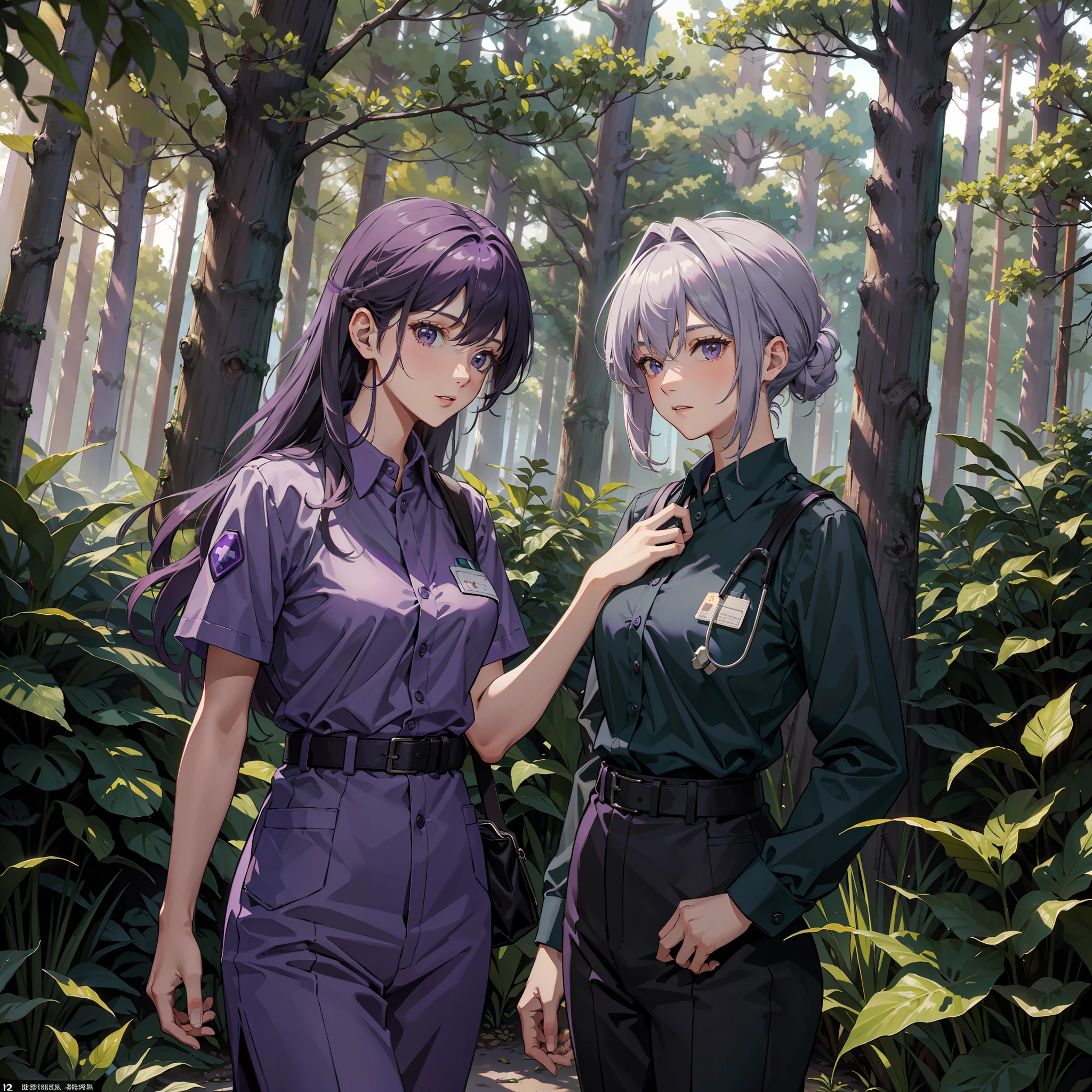 (Masterpiece: 1.2, Best Quality), Forest, Outdoor, Two Women, a purple-haired woman in a nurse's uniform holding a medical kit, and a gray-haired female teacher
