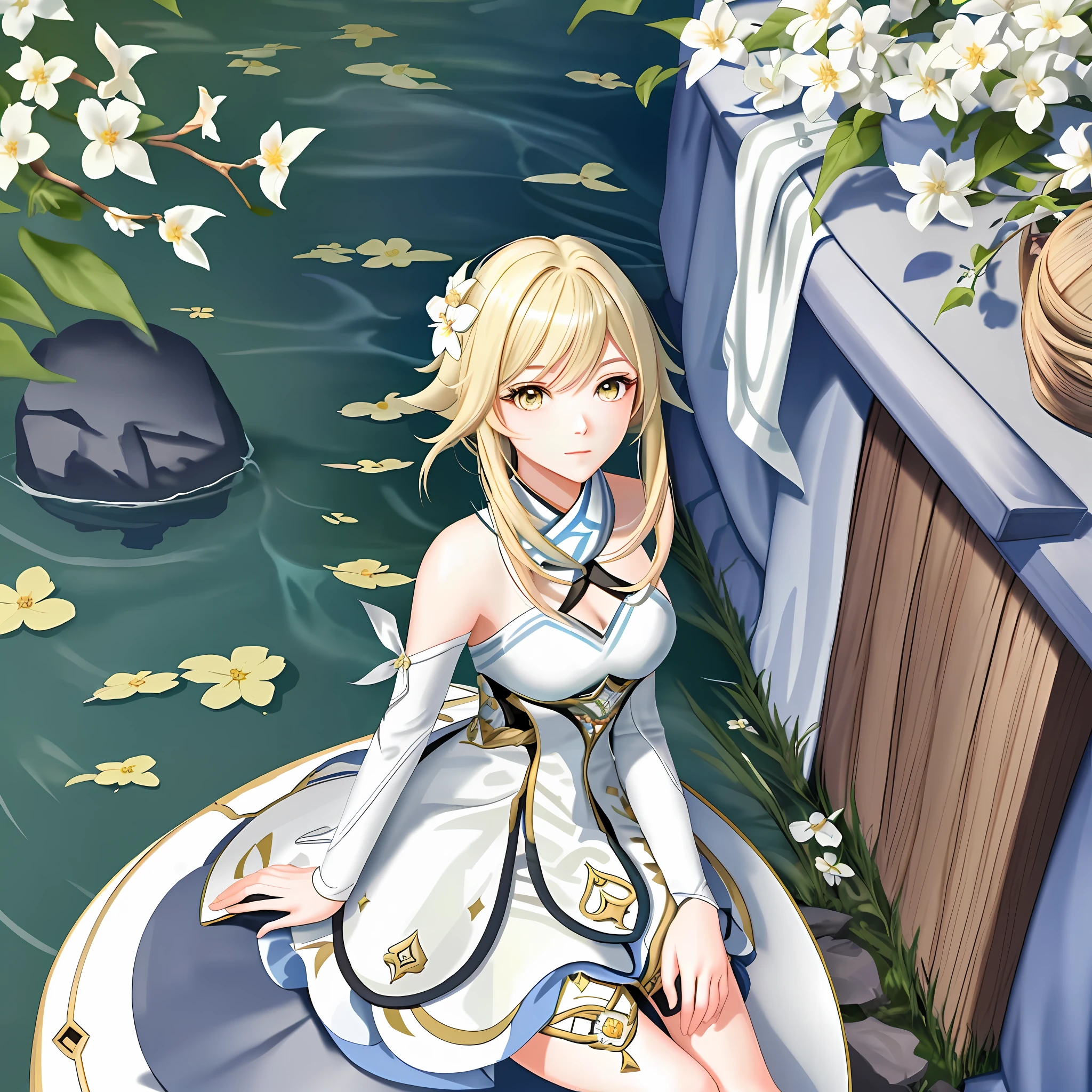 Masterpiece, Best quality, beautiful young 1 girl, full-length, Lumine (Genshin Impact), blonde hair, gentle look, looks at the viewer, background water and flowers