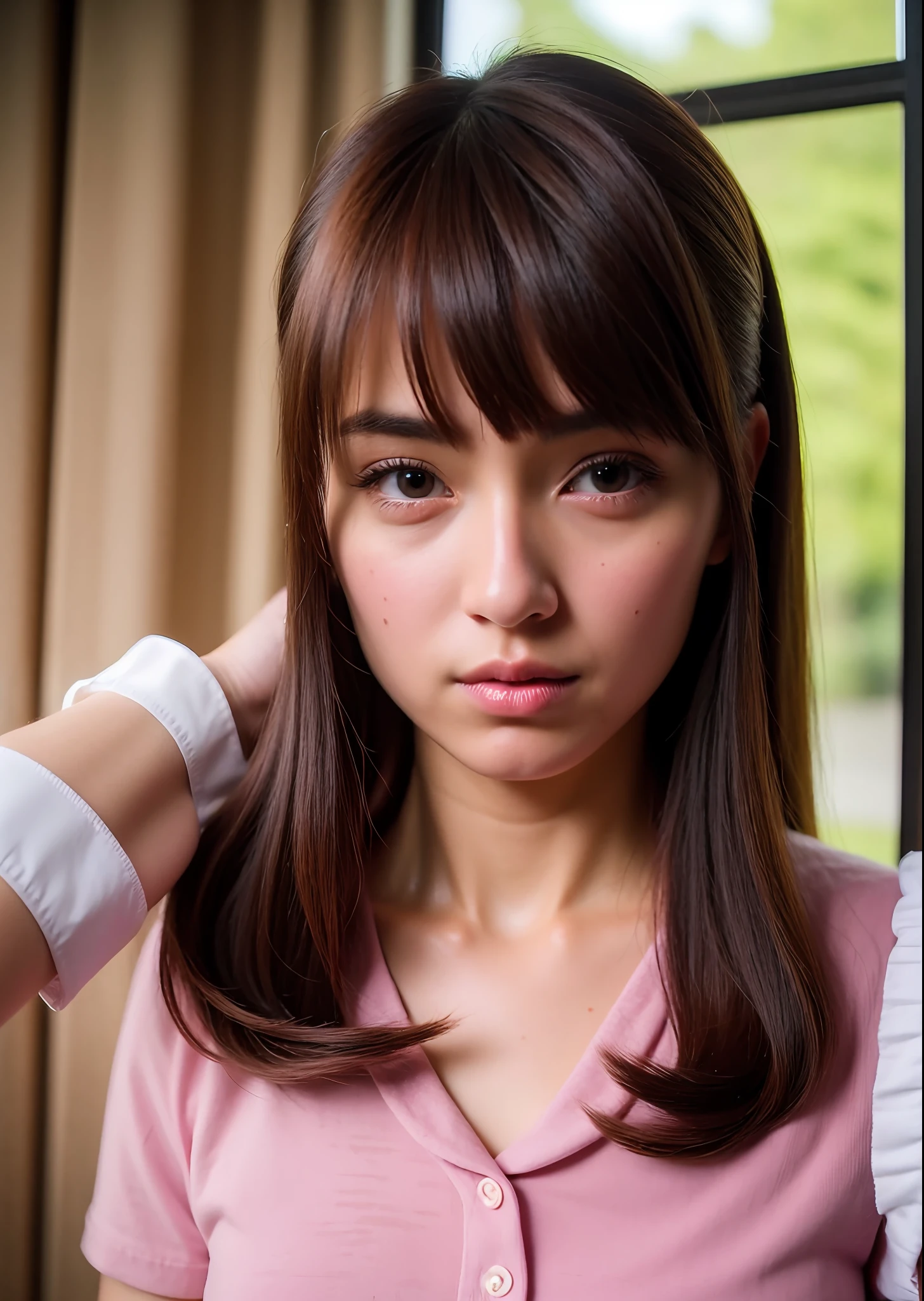 (solo),1girl,(tareme:1.2), (wear a school uniform:1.3), (kawaii:1.3), (sepia hair, bangs hair:1.2),
dress, ribbons,hair ribbon, hair ornament,hair flower, evil, looking at viewer, pink headwear,red eyes,symbol-shaped pupils, short sleeves, puffy sleeves, bangs, blush, blunt bangs, puffy short sleeves, jewelry, ribbon, plaid dress, makeup,eyelashes, necklace, wavy hair, indoors, messy room, window,sweet,girls's room,pink theme,painting \(medium\),teddy bear, stuffed toy, loaded interior,bedroom,(((otaku room))), NaturalHand2-3500, Ultra-high quality photos, RAW photo, beautiful detailed face and eyes, (photorealistic:1.4), best quality, highres, realistic, 16k, caustics, Core shadow, dynamic light, beautiful and delicate lips, delicate fingers, detailed pupil, real human skin, (Extremely detailed),, (natural lighting :1.2), gochuumon wa usagi desu ka?, masterpiece, best quality, nostalgic