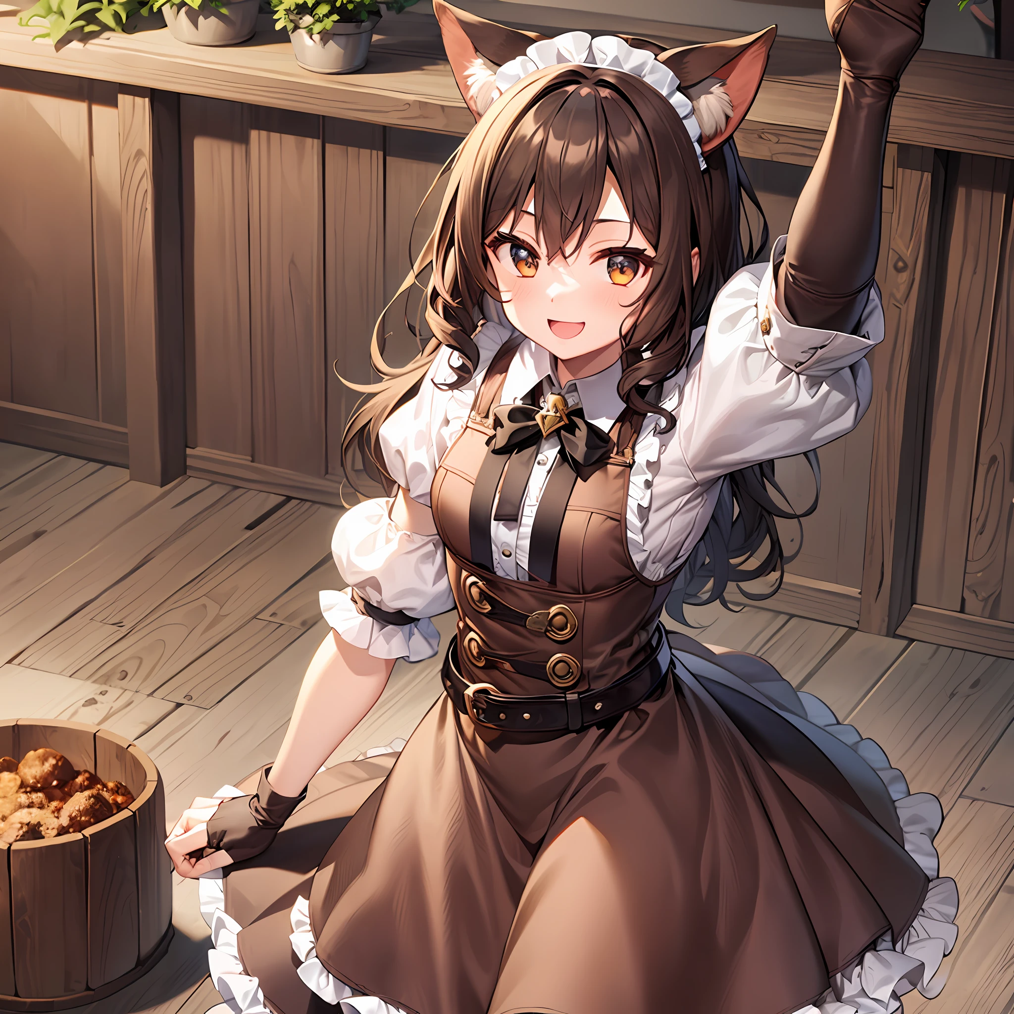 2girls, fighting stance, brown hair, brown eyes, smile, curly hair, dog ears, maid dress, slippers, belt-, zipper, mountain