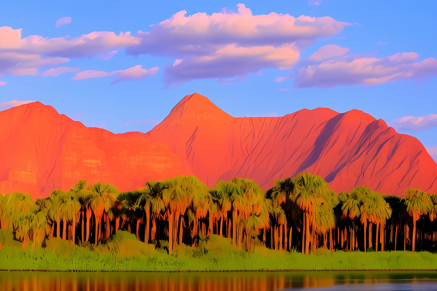 A red mountain, with many palm trees around it and a wolf howling at the edge of a greenish lagoon