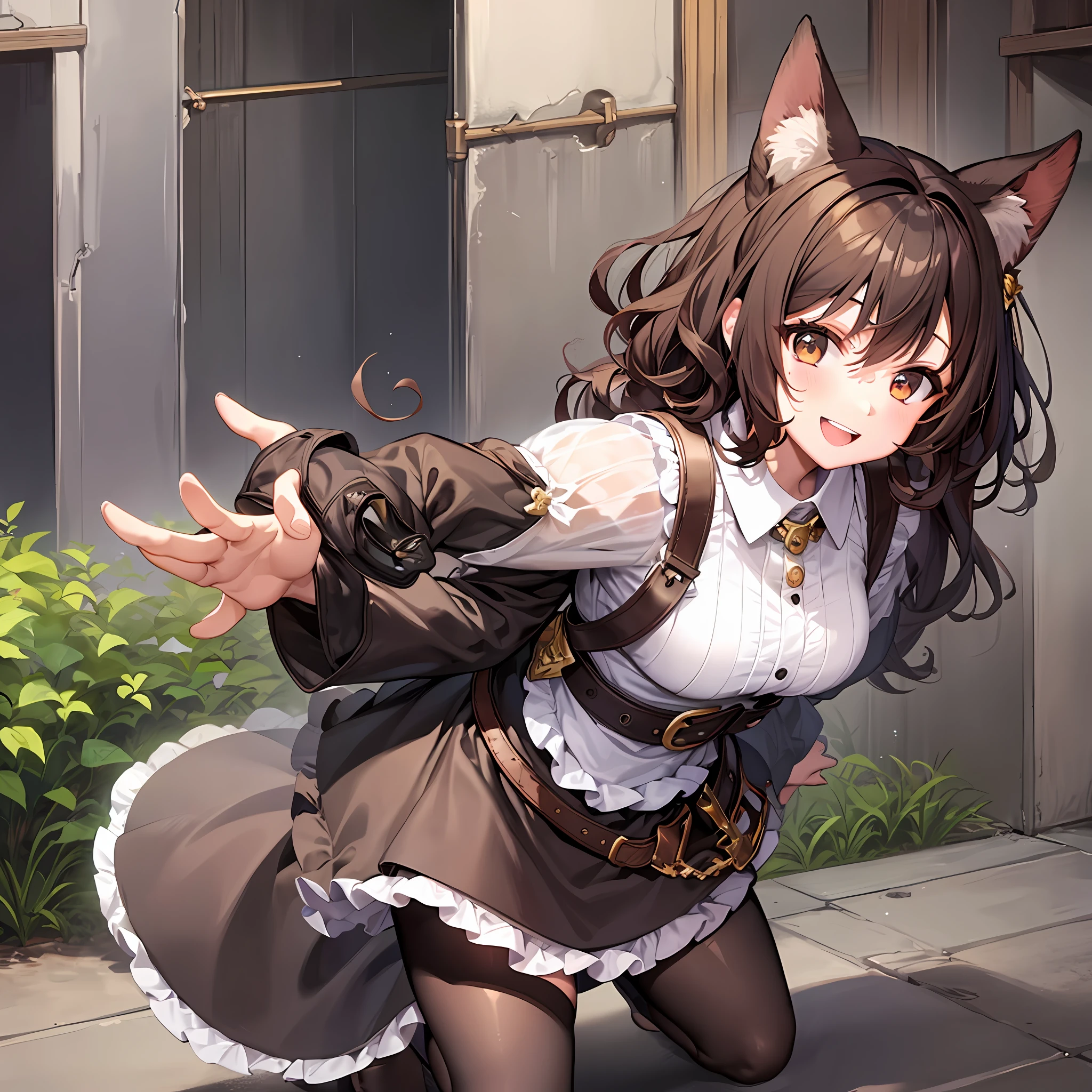 2girls, fighting stance, brown hair, brown eyes, smile, curly hair, dog ears, maid dress, slippers, belt-, zipper, mountain