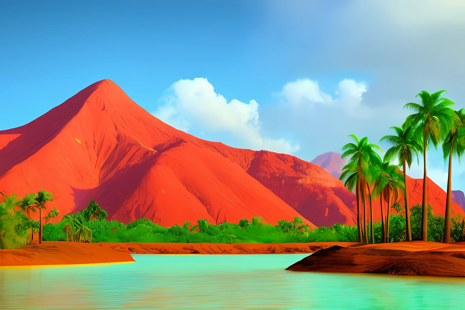 A red mountain, with many palm trees around it and a wolf howling at the edge of a greenish lagoon