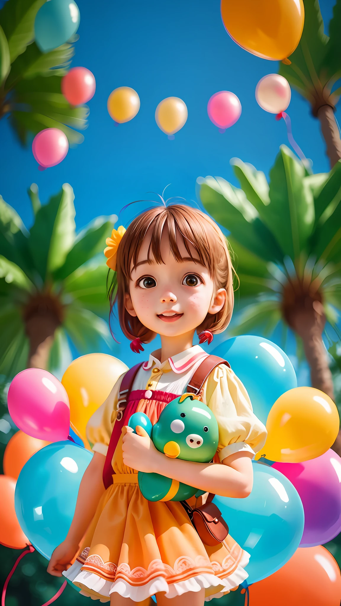 A girl with a zoo, many balloons, happy, happy, perfect quality, clear focus (clutter-home: 0.8), (masterpiece: 1.2) (Realistic: 1.2) (Bokeh) (Best quality) (Detailed skin: 1.3) (Intricate details) (8K) (Detail eyes) (Sharp focus), (Happy)