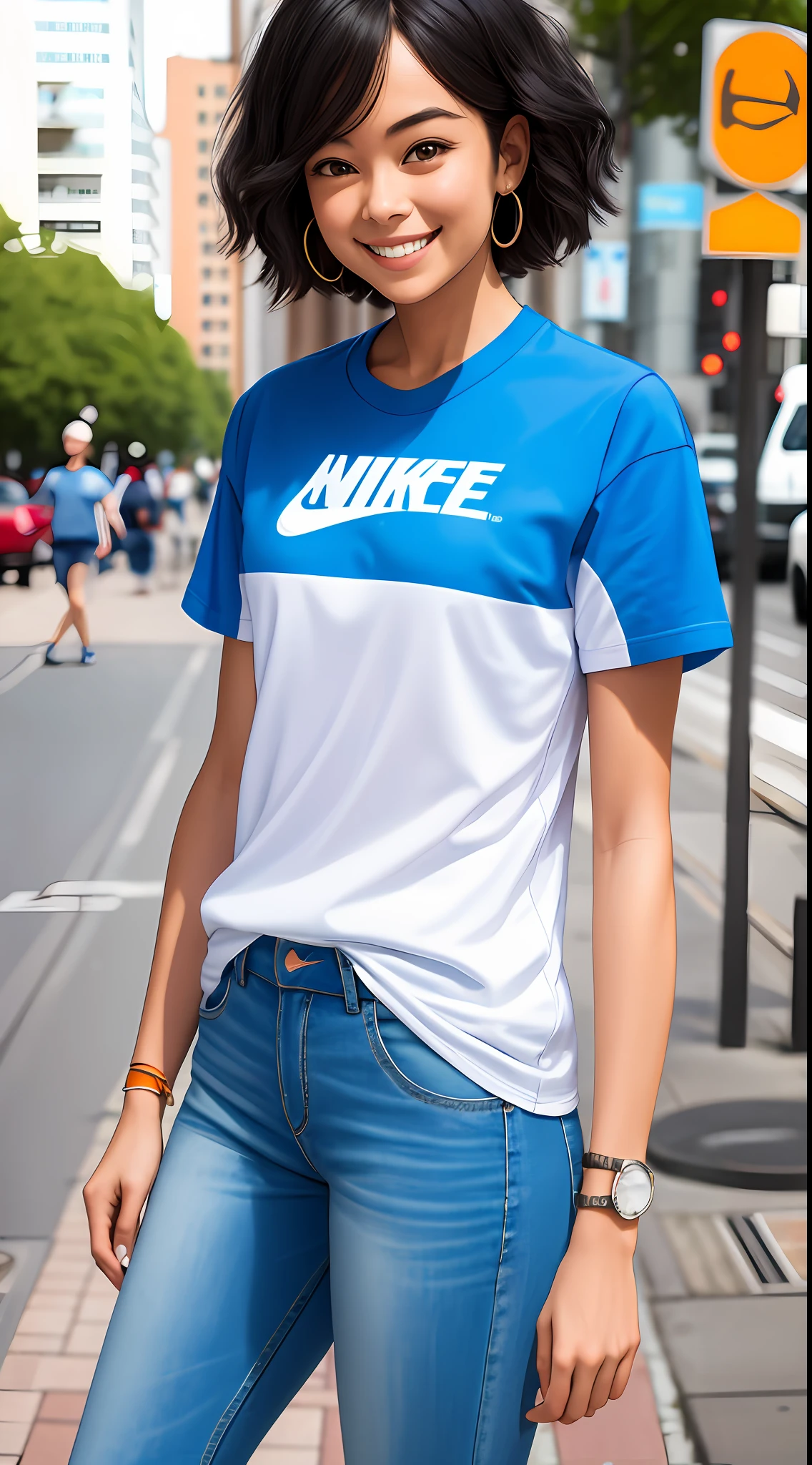 1girl, she wearing white shirt and blue pants, casual clothes, wearing blue nike sneakers, 22 years old, smiling face, adult face, 8k style, realistic, crowded, medium black hair.
