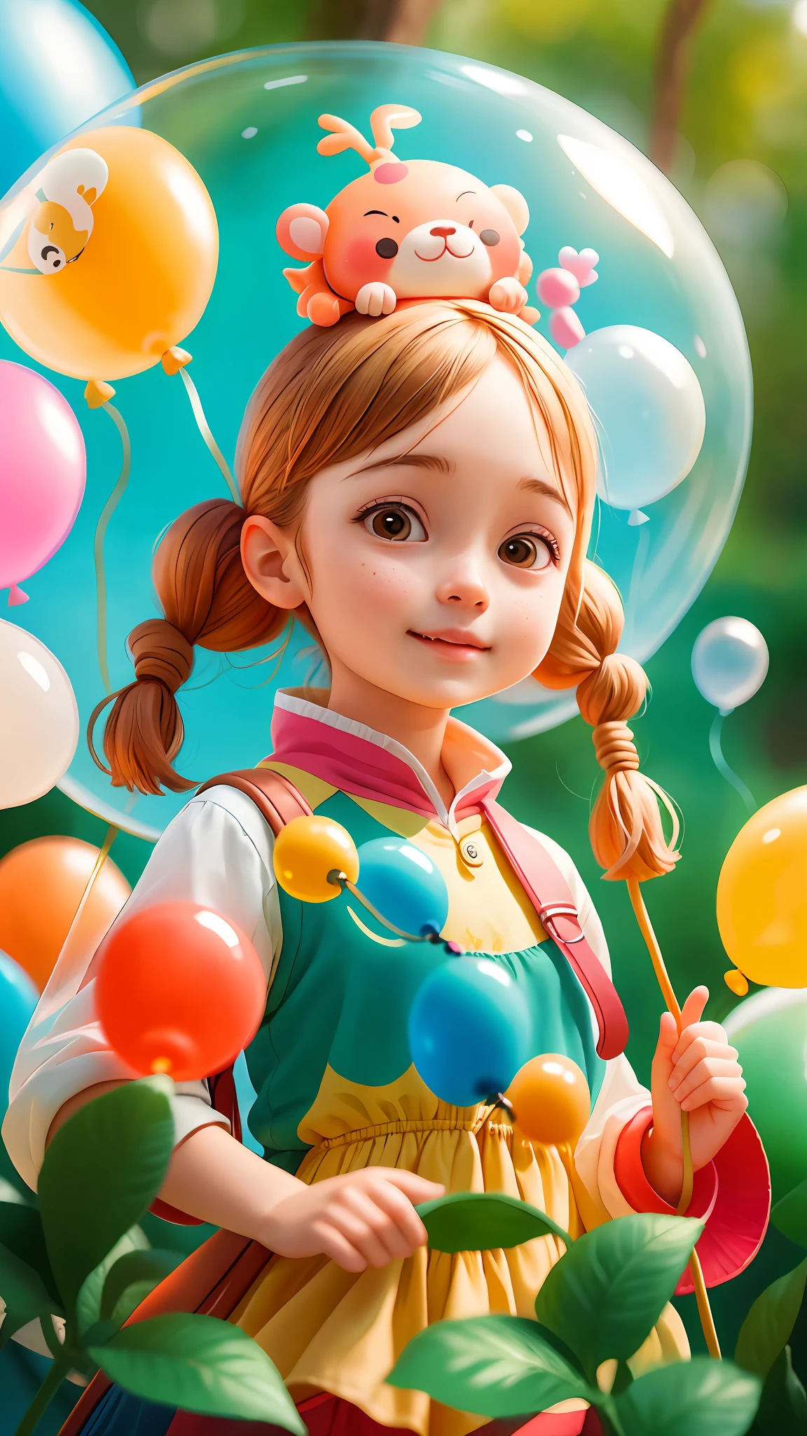 A girl with a zoo, many balloons, happy, happy, perfect quality, clear focus (clutter-home: 0.8), (masterpiece: 1.2) (Realistic: 1.2) (Bokeh) (Best quality) (Detailed skin: 1.3) (Intricate details) (8K) (Detail eyes) (Sharp focus), (Happy)