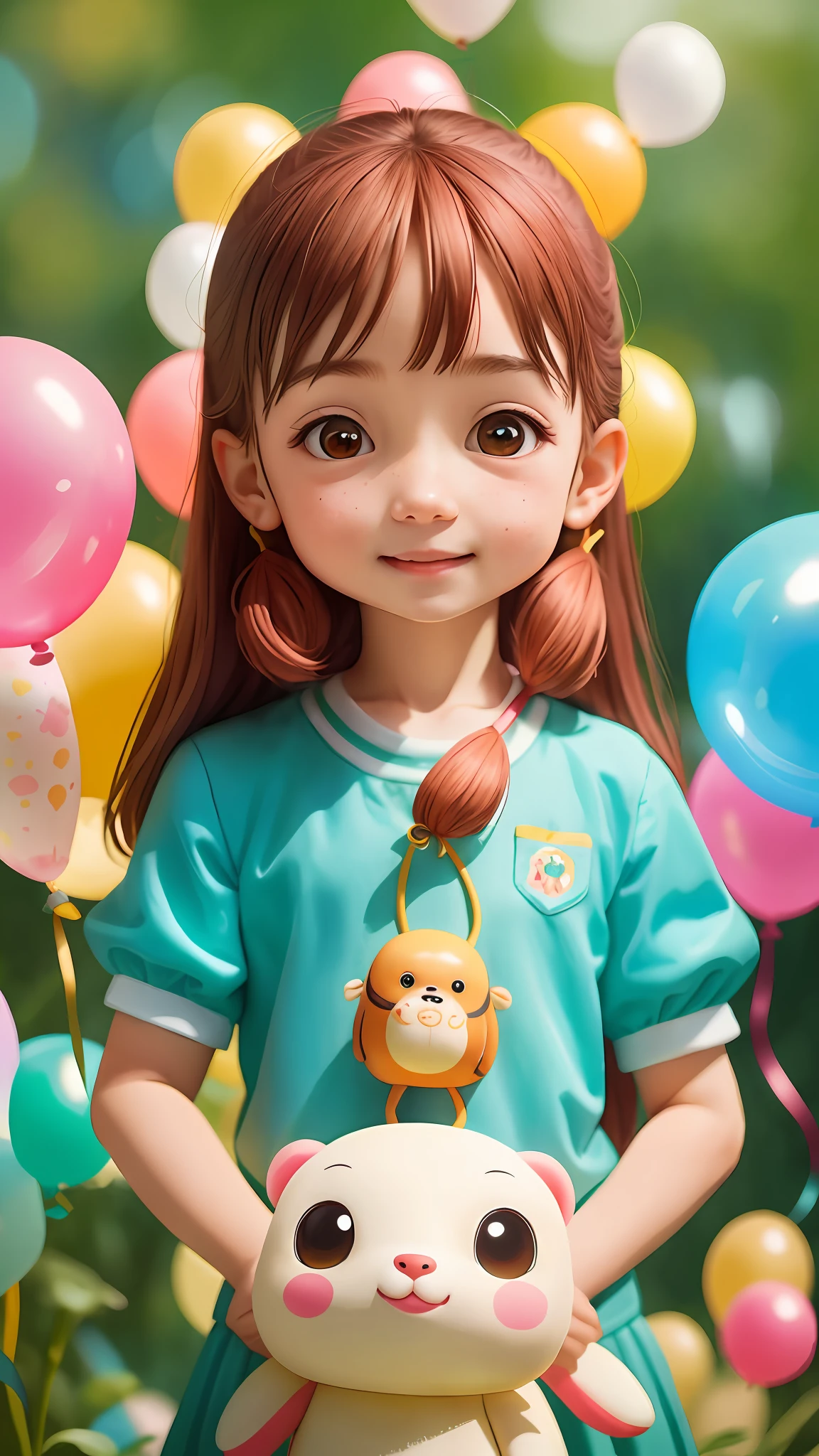 A girl with a zoo, many balloons, happy, happy, perfect quality, clear focus (clutter-home: 0.8), (masterpiece: 1.2) (Realistic: 1.2) (Bokeh) (Best quality) (Detailed skin: 1.3) (Intricate details) (8K) (Detail eyes) (Sharp focus), (Happy)