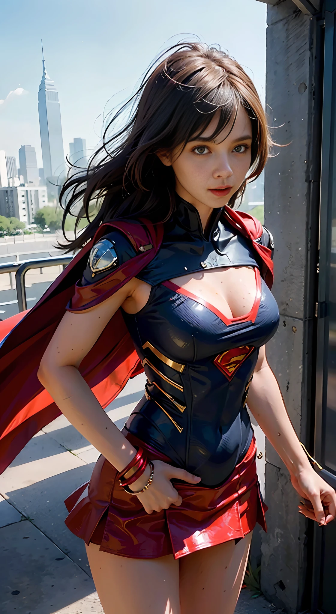 (1girl:1.3), solo, __body-parts__, official art, unified 8k wallpaper, super detailed, beautiful and beautiful, beautiful, masterpiece, best quality, raw, masterpiece, super fine photo, best quality, super high resolution, photorealistic realism, sunlight, full body portrait, amazing beauty, dynamic pose, delicate face, vibrant eyes, (from the front), she wears a full body superman suit, full suit, (red short skirt), red and blue color scheme, superman , a capital letter on the chest, very detailed abandoned warehouse background, detailed face, detailed complex busy background, messy, gorgeous, milky white, highly detailed skin, realistic skin details, visible pores, sharp focus, volumetric fog, 8k uhd, DSLR camera, high quality, film grain, fair skin, photo realism, lomography, huge metropolis in a future dystopia,