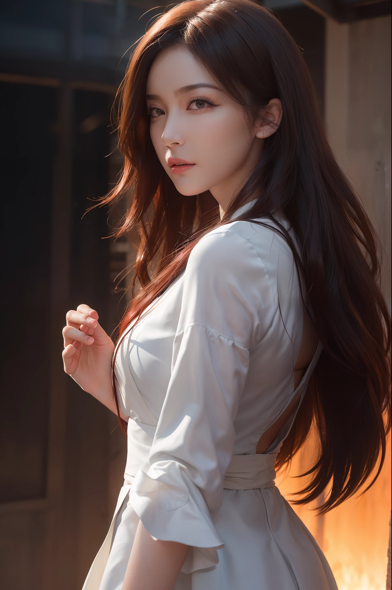 (8k, RAW photo, best quality, mastery:1.2), (realistic, photo-realistic:1.37), ultra-detailed, (high detailed skin:1.2), 8k uhd, dslr, soft light, high quality, film grain, Fujifilm XT3, professional lighting, photon mapping, light energy transfer, white robe fluttering in the wind, Long red hair, well-dressed, perfect face, handsome, concept art, detailed face and body, award winning photography, detailed face, backlight, hyper-realistic, ray tracing, intense gaze, looking at the audience, movie lights, embers, fantasy, action pose, splash, mist, raw photo, 8k uhd, film grain,