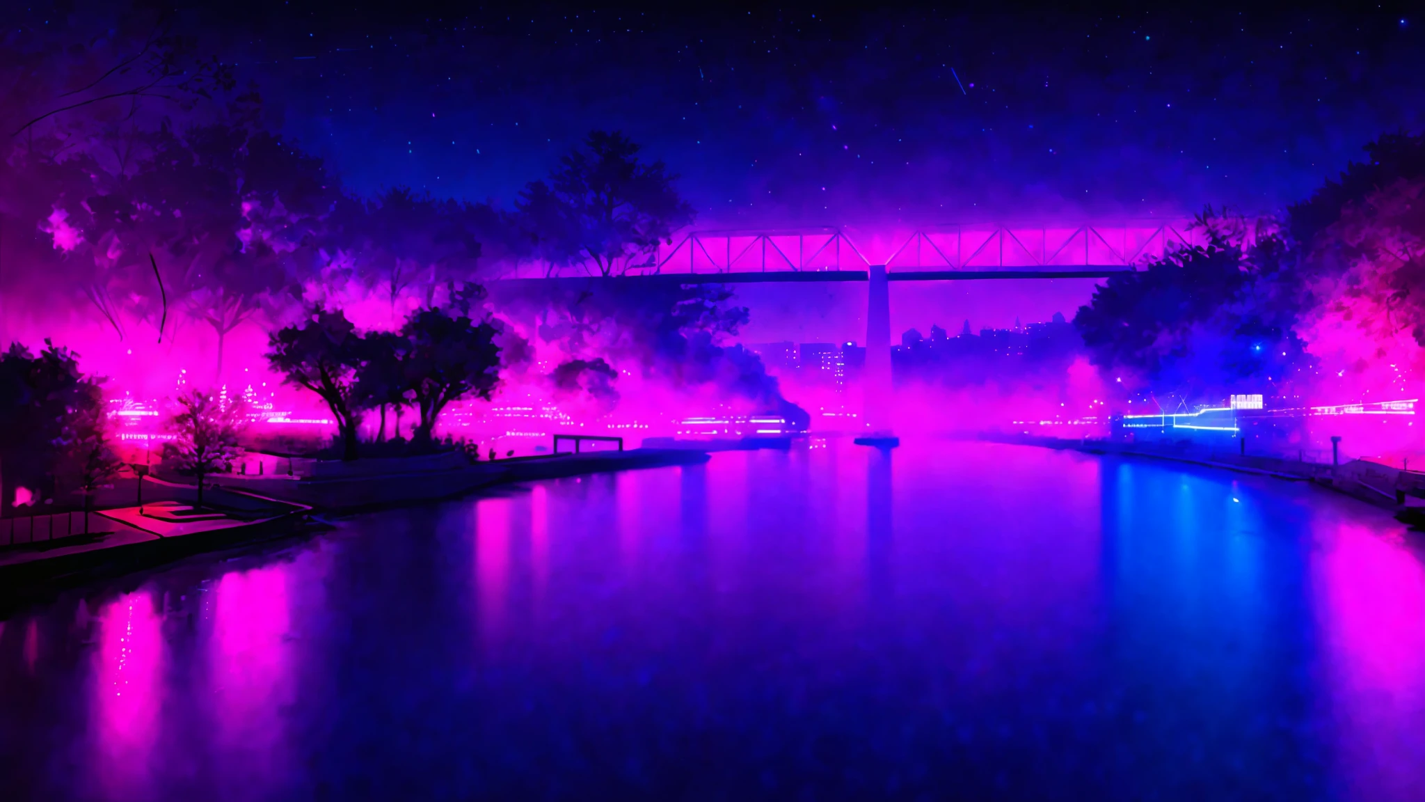 abstract style, cyberpunk, night, neons, pink and blue, lights, stars, neon bridge