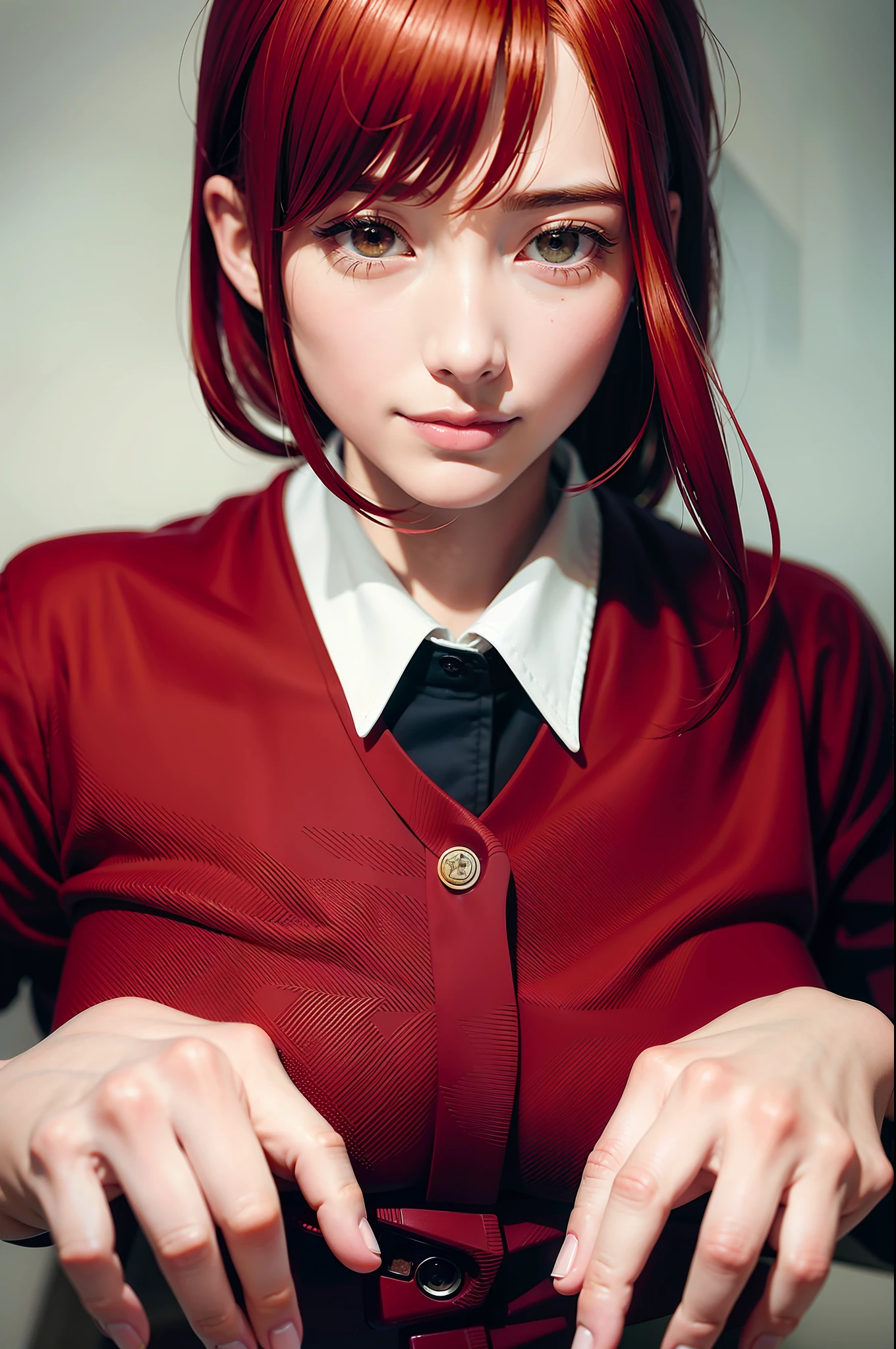 (masterpiece), (highest quality), Makima \ (chainsaw man \), red hair, one woman, staring at me, a little smile