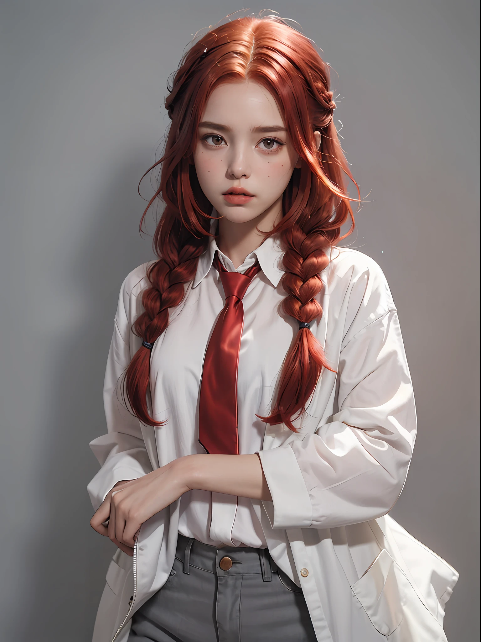 (best quality, masterpiece:1.4), absurdres, ultra-detailed CG, 8k, high detailed, beautiful face, detailed face, 1girl, solo, makima, (red hair:1.5), white shirt, black pants, necktie, braid, toned, shiny skin, (embarassed, blush, parted lips, raised eyebrows, panicking, discomfort:1.2), head tilt, standing still, ((grey background)), bloom, light particles, depth of field, cowboy shot, straight-on,