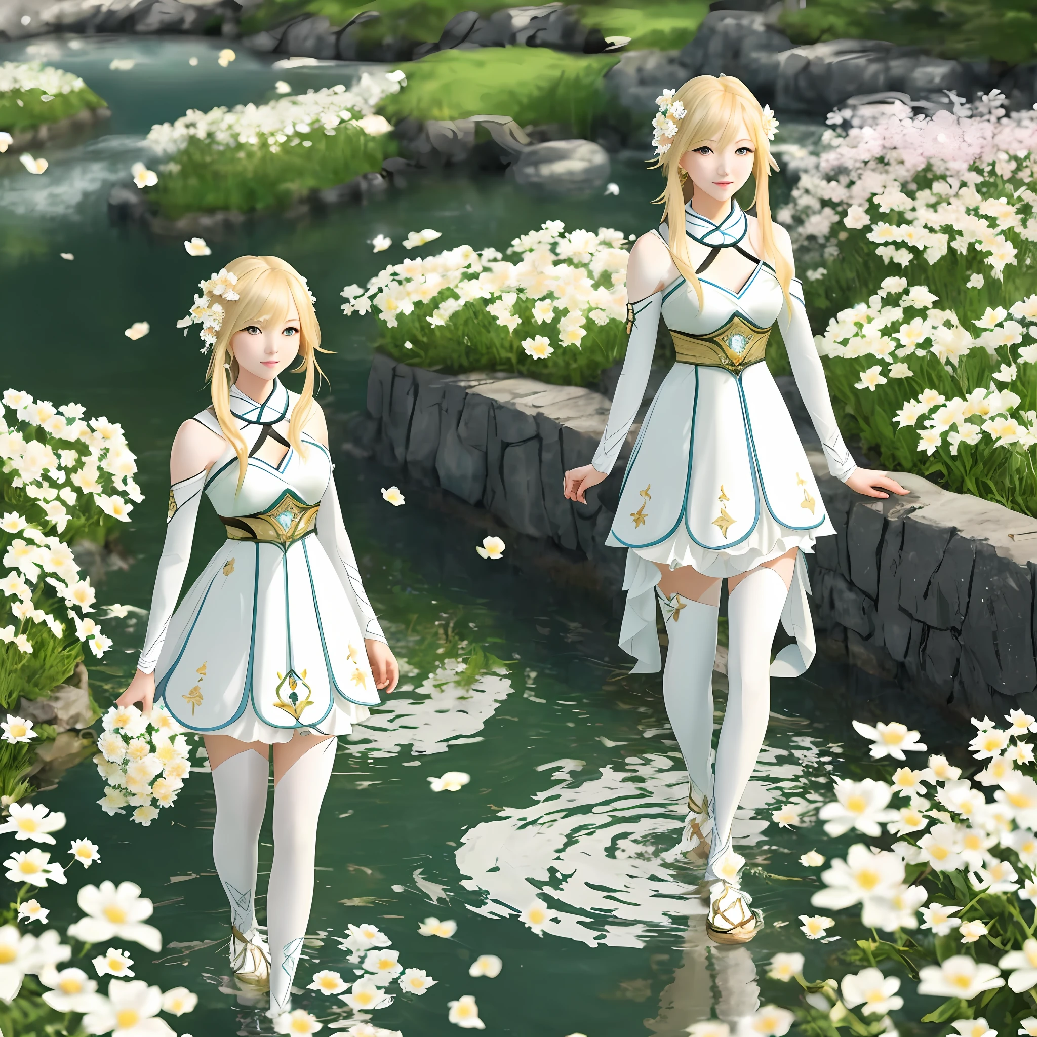Masterpiece, Best quality, beautiful young 1 girl, full-length, Lumine (Genshin Impact), blonde hair, gentle look, looks at the viewer, background water and flowers