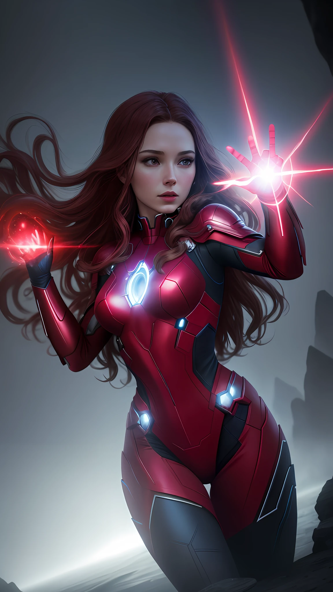 Wanda the scarlet witch, releasing from her hands magic red, sexy, perfect body, fitnes model, thin, side position, photography, diffuse side lighting, soft details, octane, artstation trend, luminous particles in the air, scary scenery, ultra high detail, ultra realistic, cinematic, dark scenery, fog at night, unreal engine, 16k, ((by Marvel))