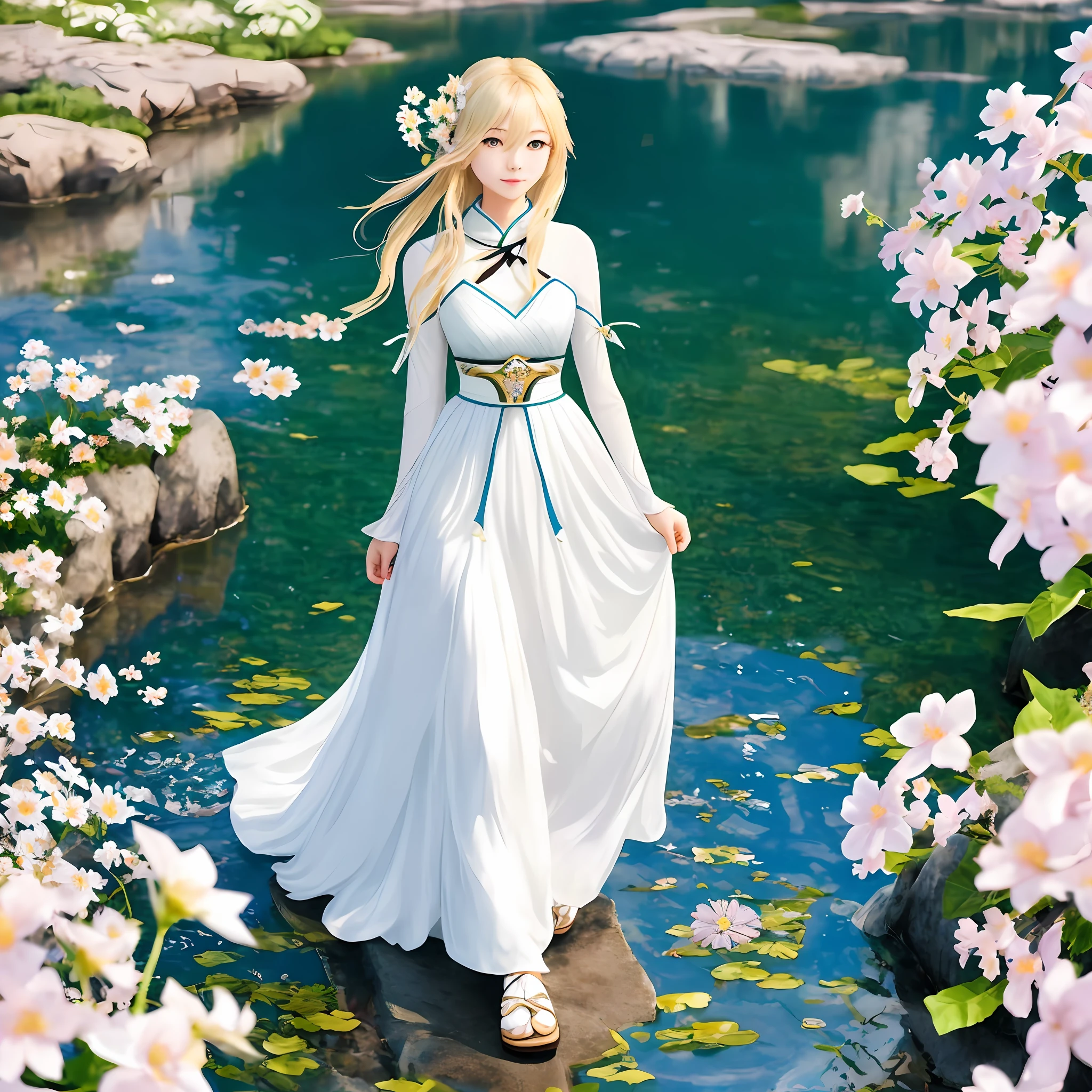 Masterpiece, Best quality, beautiful young 1 girl, full-length, Lumine (Genshin Impact), blonde hair, gentle look, looks at the viewer, background water and flowers