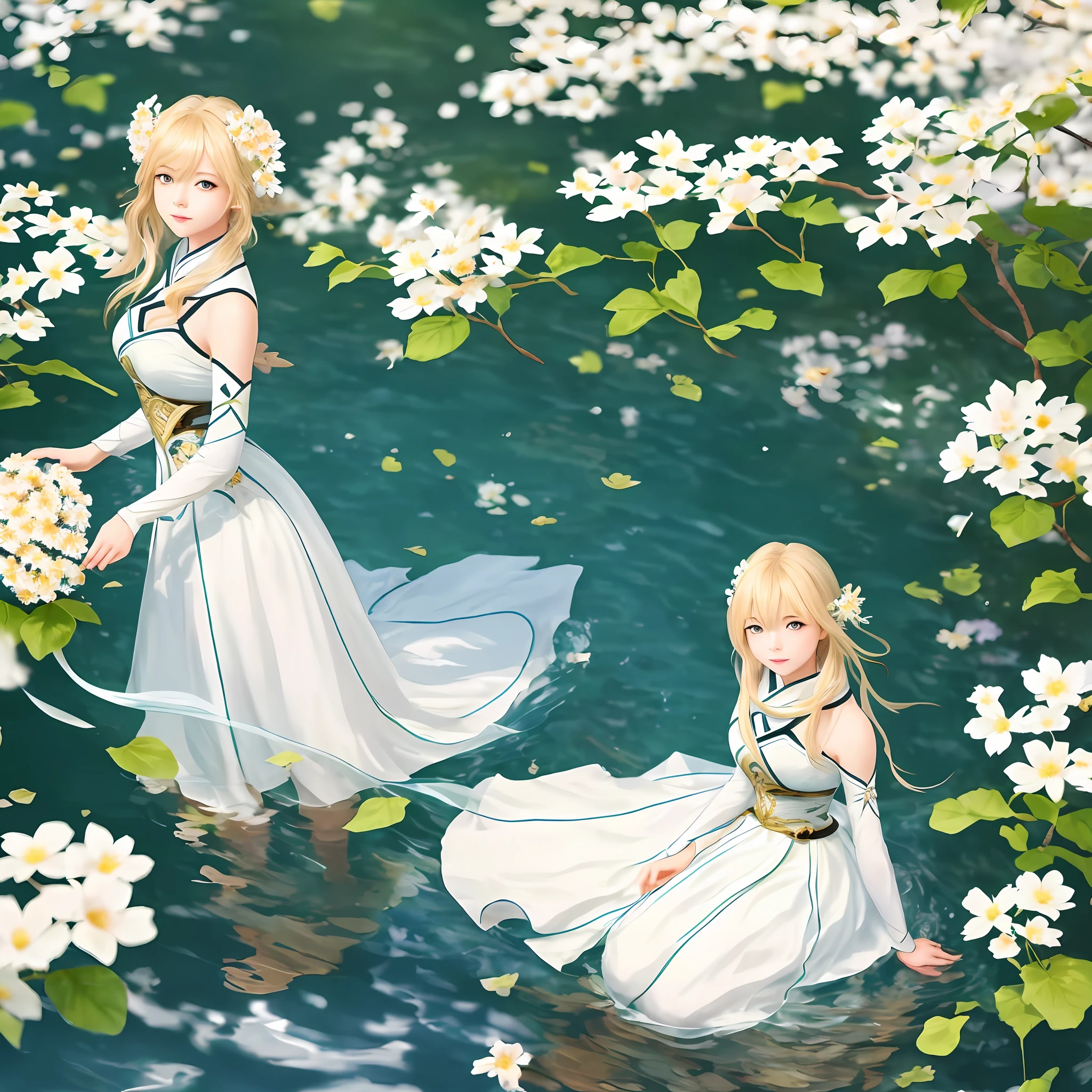 Masterpiece, Best quality, beautiful young 1 girl, full-length, Lumine (Genshin Impact), blonde hair, gentle look, looks at the viewer, background water and flowers