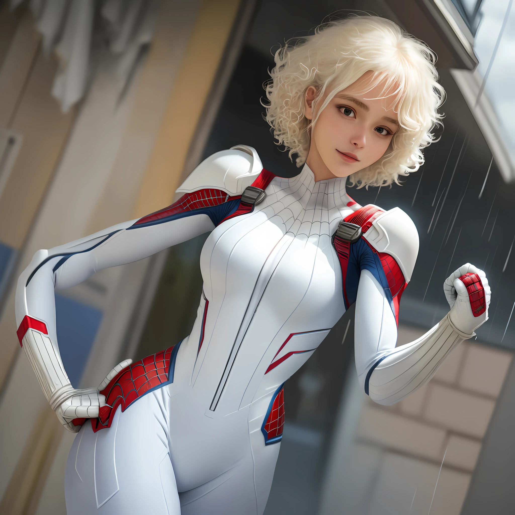 18 year old girl, white Spider-Man suit, set tattered, short curly hair, blonde hair, beautiful face, rain, roof, masterpiece, exquisite details, perfect anatomy, nsfw