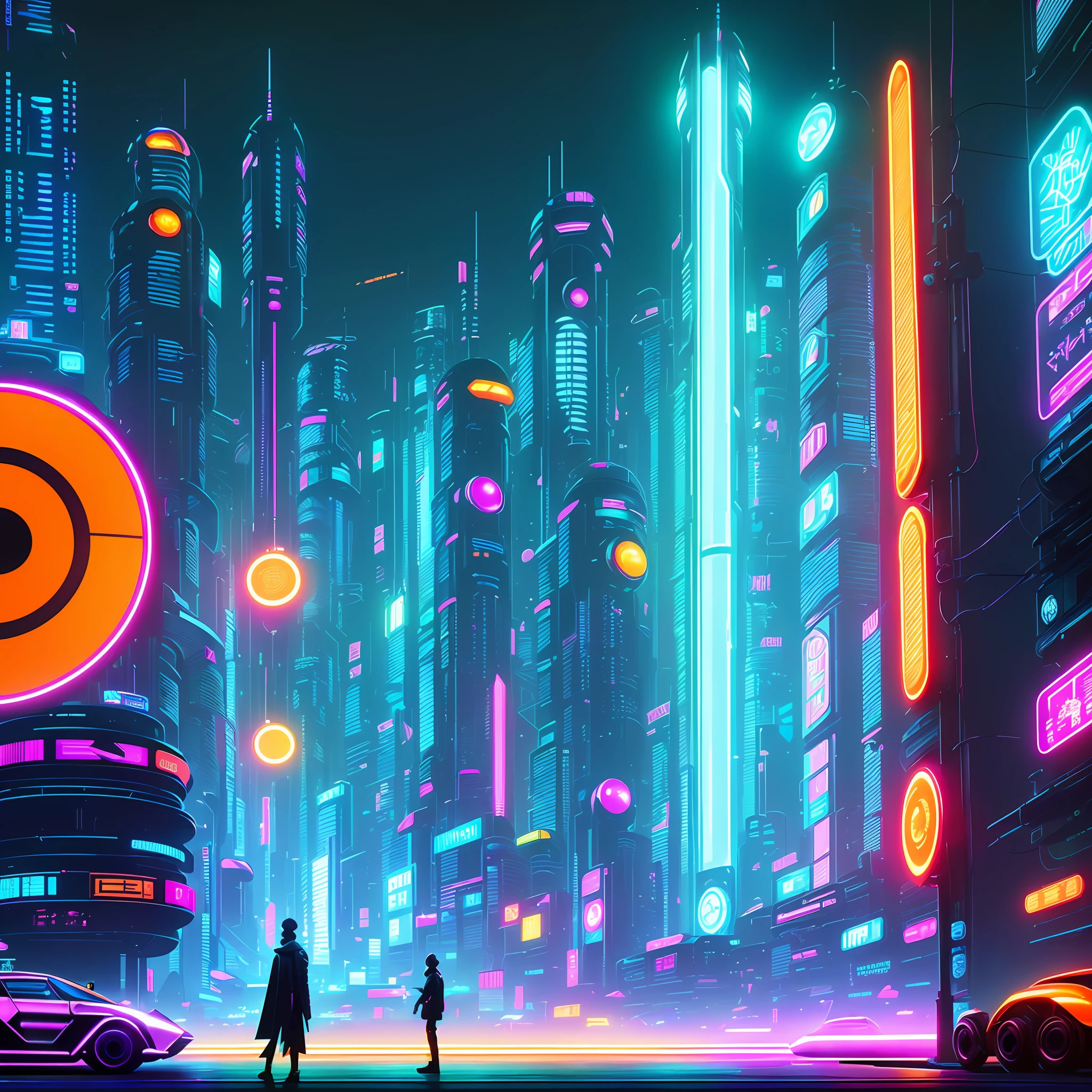 a person standing in front of a wall of neon-lit text, inside an elven city, concept art, by Emiliano Ponzi, by Chris Ware, criteria collection, concept art, dystopian, science fiction, ((8k, high resolution, ultra detailed)), (((sharp lines))), (((perfectly round cutout in the middle of the screen))) (((futuristic cyberpunk style))) ((((futuristic cars futurists))) (((Mandarin ads on LED panel)))