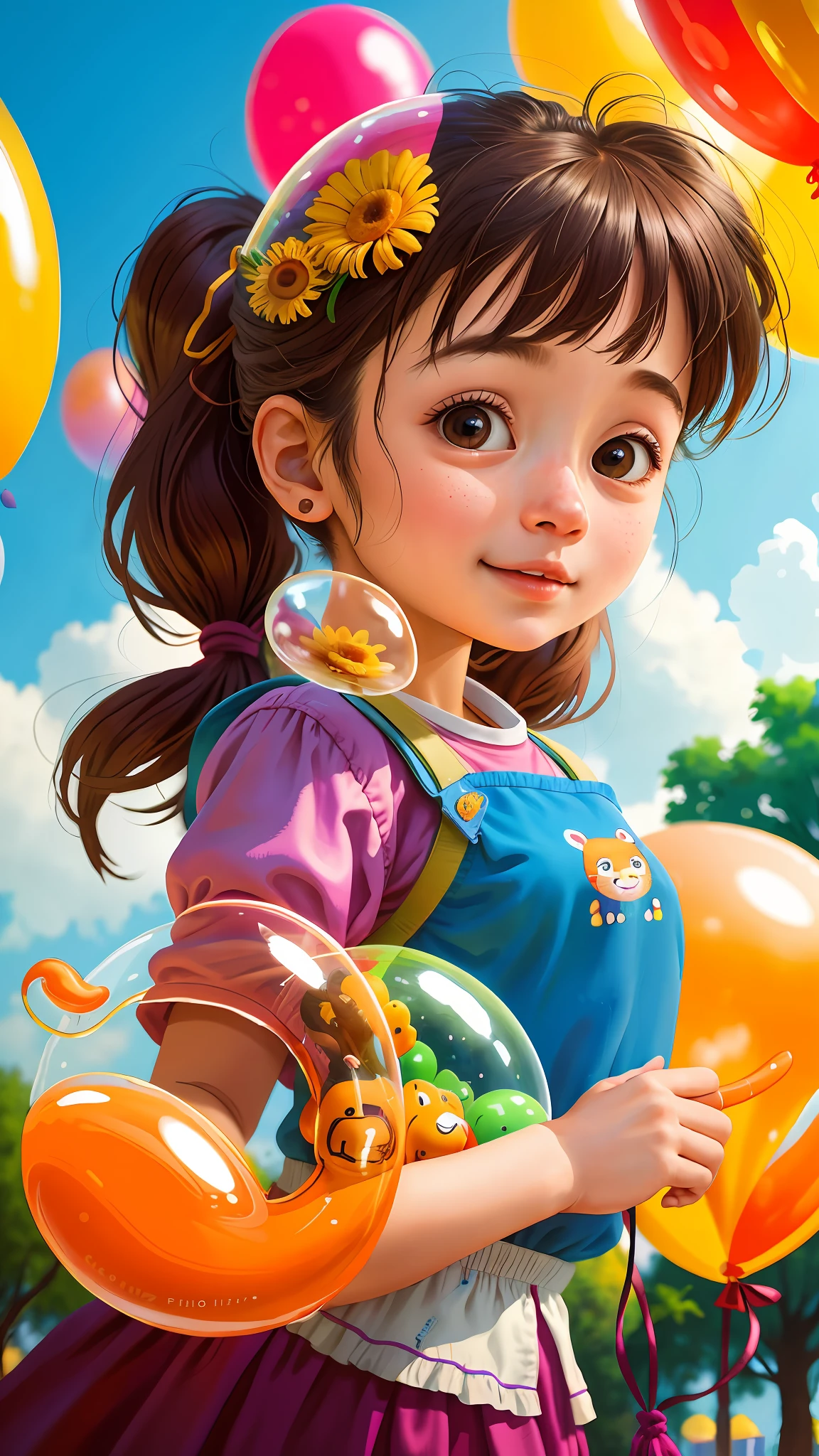 A girl with a zoo, many balloons, happy, happy, perfect quality, clear focus (clutter-home: 0.8), (masterpiece: 1.2) (Realistic: 1.2) (Bokeh) (Best quality) (Detailed skin: 1.3) (Intricate details) (8K) (Detail eyes) (Sharp focus), (Happy)