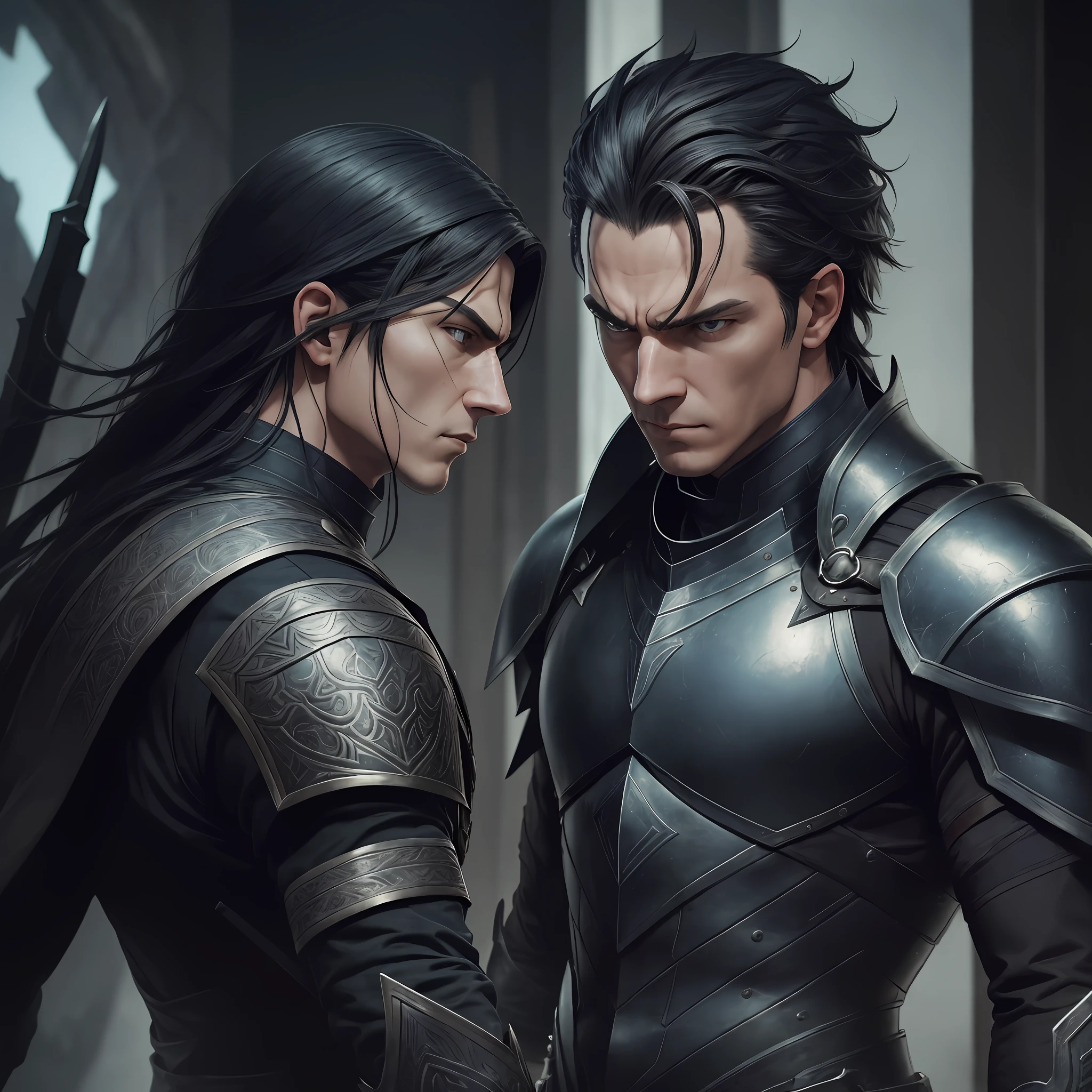 (Extreme Detail CG Unity 8K , masterpiece, highest quality), (Exquisite lighting and shadow, highly dramatic picture, Cinematic lens effect, (excellent detail, excellent lighting, wide angle), s 500) Generate an intense image of Gerome, the stoic and battle-hardened warrior from Fire Emblem, gripping someone by the collar with a firm grasp. Portray Gerome with his tall and imposing stature, his strong and muscular build commanding attention. Visualize his sleek, jet-black hair swept back from his forehead, his piercing blue eyes staring fiercely at his captive. Depict him wearing dark, intricately crafted armor adorned with dragon motifs, symbolizing his strength and ferocity in battle. Pay attention to the details, such as the worn leather straps and metal buckles that secure his armor in place.
In the scene, capture the moment of confrontation as Gerome tightly clenches the collar of the person's clothing, showing his dominant and authoritative nature. Reflect the struggle and tension in their expressions, conveying the power dynamic between them. Highlight the determination in Gerome's eyes as he confronts his adversary, radiating an aura of intensity and resolve.
Let the background emphasize the gravity of the situation, suggesting a dimly lit environment or a dramatic setting that complements the intensity of the scene, Create an atmosphere that heightens the suspense and captures the viewer's attention,Through your artistic vision, bring this gripping scene to life, eliciting a range of emotions from the viewer. Showcasing Gerome's strength and assertiveness, alongside the vulnerability of the person held captive, the image should convey a sense of conflict and power dynamics. Immerse the audience in the intensity of the moment, leaving them captivated by the narrative unfolding before them