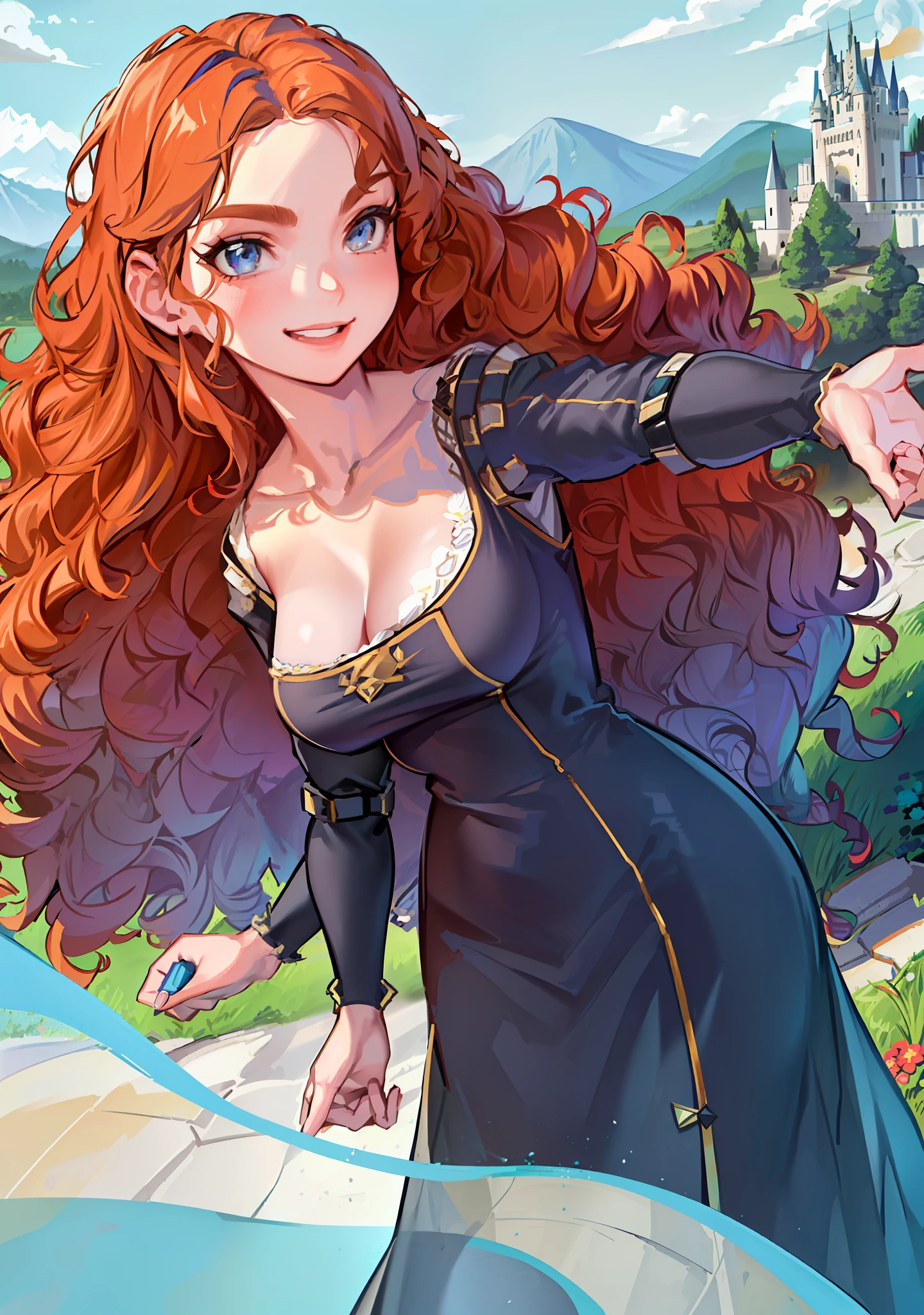 (MeridaWaifu:1), 1girl, smile, :D, sexy, looking at viewer, (dress:1.2), from below, magic, (fight pose:1.2), (big breasts), curvy, holding bow,
(realistic:1.2), (realism), (masterpiece:1.2), (best quality), (ultra detailed), (8k, 4k, intricate),(full-body-shot:1),(Cowboy-shot:1.2), (85mm),light particles, lighting, (highly detailed:1.2),(detailed face:1.2), (gradients), sfw, colorful, (detailed eyes:1),
(detailed ladscape, castle, fild, grass, mountains, flowers:1.2), (sky, clouds:1.2),(detailed background),detailed landscape, (dynamic angle:1.2), (dynamic pose:1.2), (rule of third_composition:1.3), (Line of action:1.2), wide shot, daylight, solo,