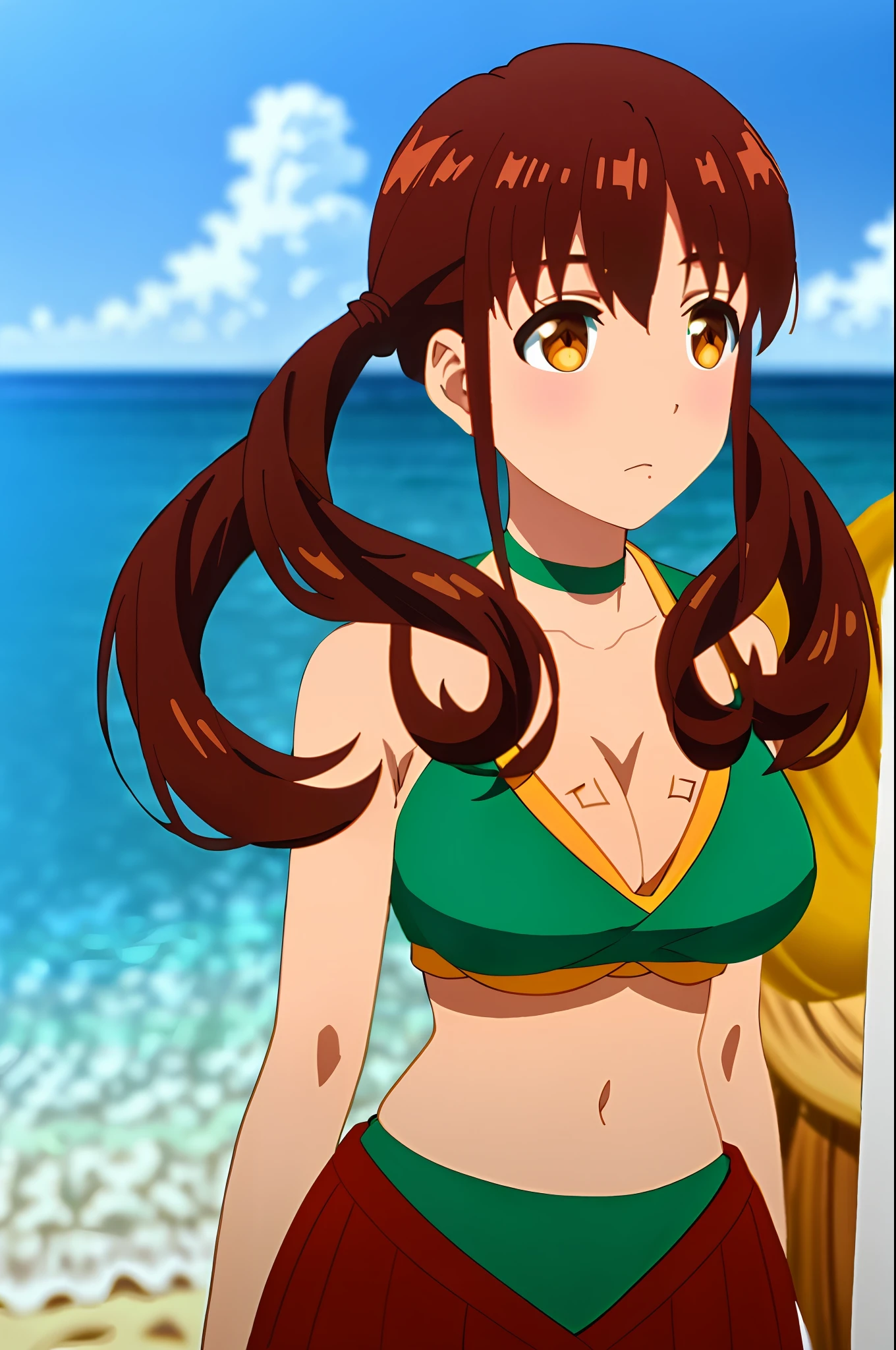 masterpiece, best quality, anime style, taeko, wavy brown hair, twin tails, brown eyes, ((big breasts)), ((green bikini)), (full body), (navel uncovered), (chest exposed), (feet in the sand), (playing on the beach)