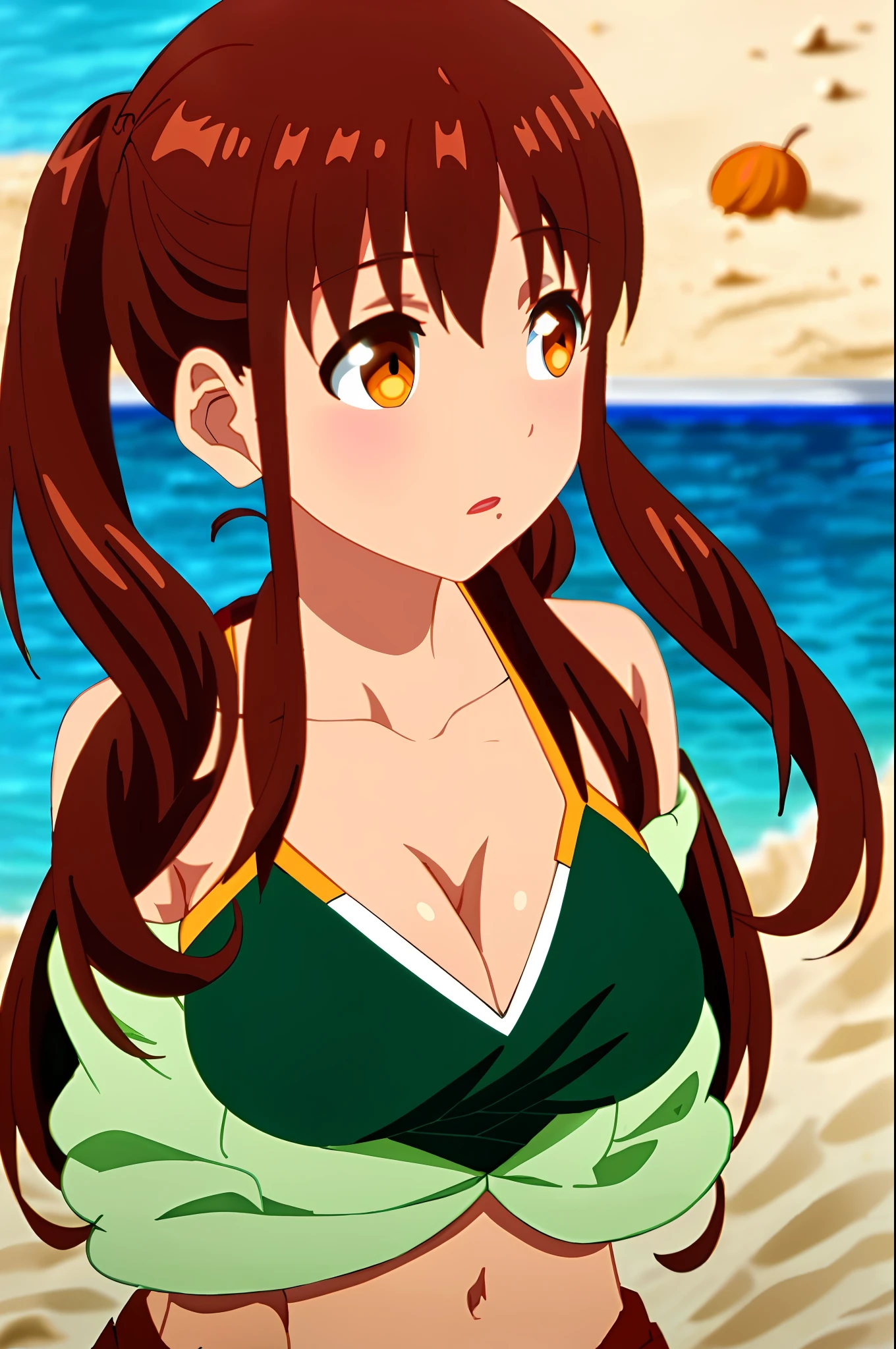 masterpiece, best quality, anime style, taeko, wavy brown hair, twin tails, brown eyes, ((big breasts)), ((green bikini)), (full body), (navel uncovered), (chest exposed), (feet in the sand), (playing on the beach)